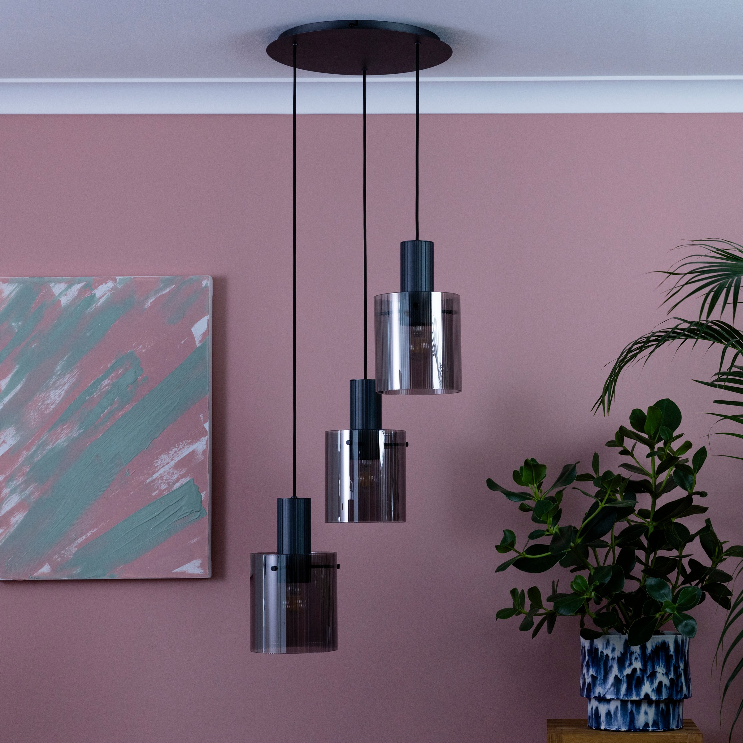 Brilliant Pendelleuchte »Riffelini«, 3 flammig, Leuchtmittel E27 | ohne Leuchtmittel, 150 x 48 cm, 3x E27, kürzbar, geriffeltes Rauchglas, anthrazit