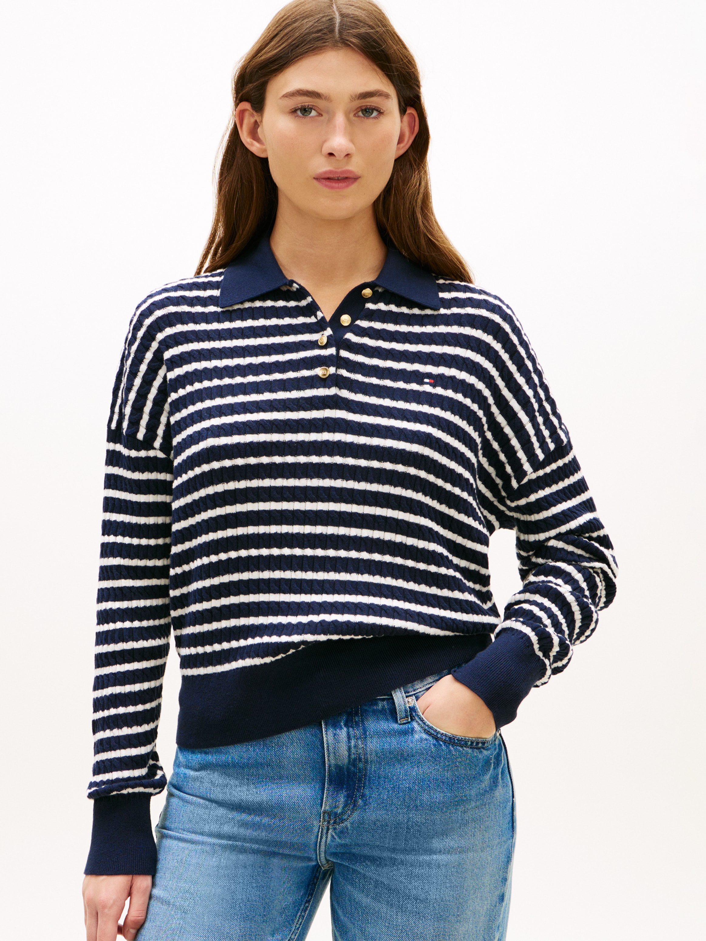 Tommy Hilfiger Strickpullover »CO CABLE FINE GG RLXD POLO SWT« mit Zopfmuster