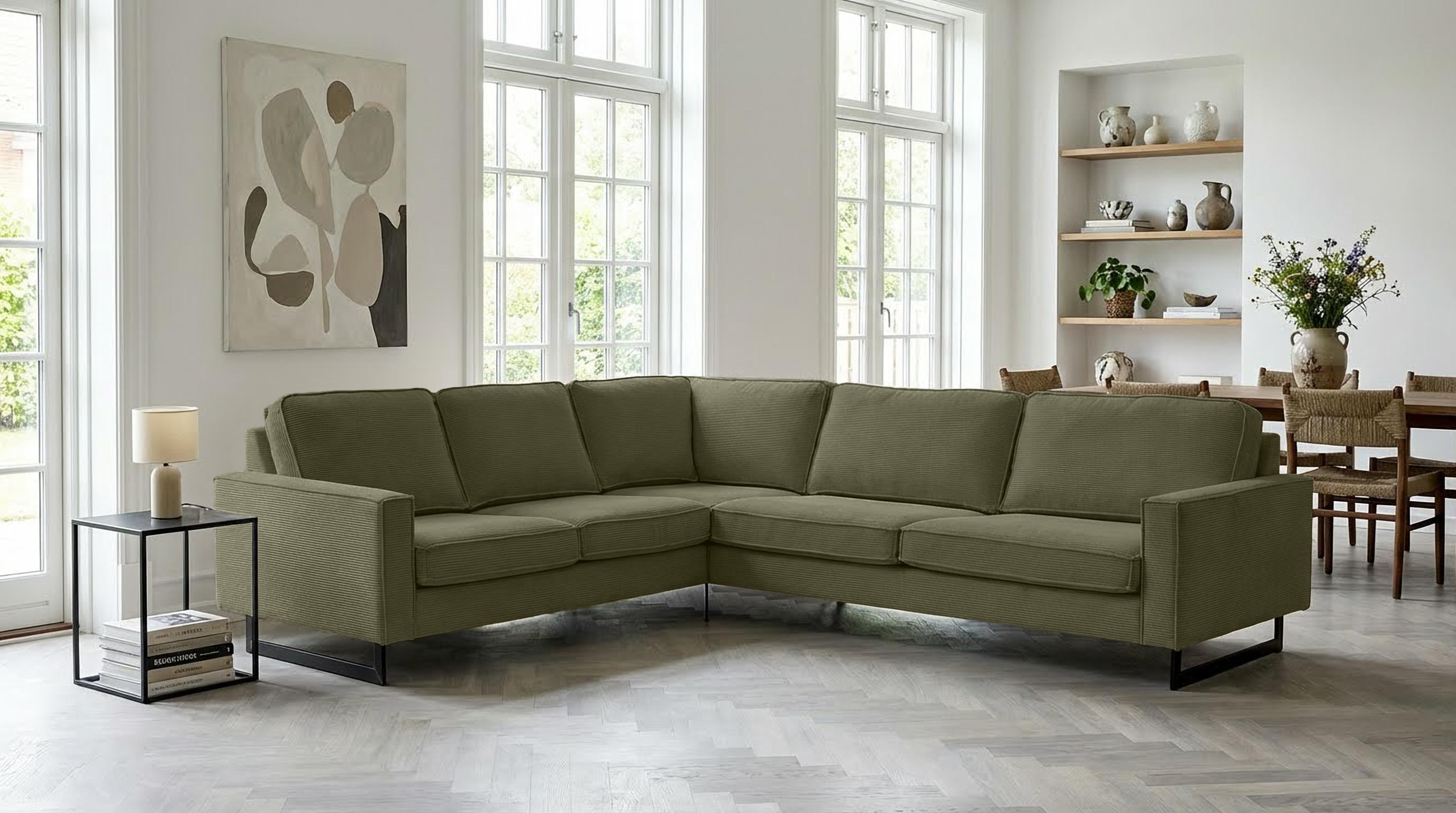 OTTO home Ecksofa "Pinto, XXL, 250/290 cm, langer Schenkel, Ottomane" Cord, Chenille, Lederoptik, mit Keder, Metallfüße, Wellenunterfederung