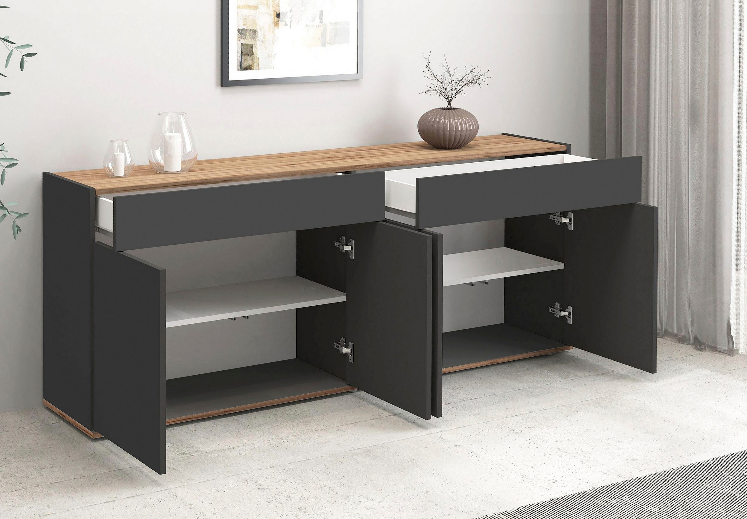 INOSIGN Sideboard »Garda Kommode, Schrank, 4 Türen mit Push-to-Open, Made in Italy« 4 Türen, 2 Schubladen, grifflos  Breite 160,1 cm, anthrazit/eiche matt