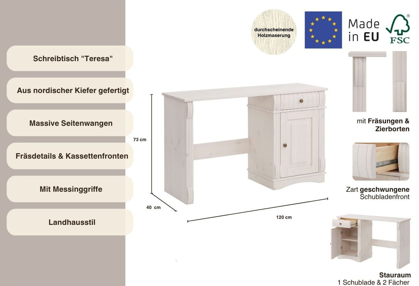 Thumbnail - Home affaire Schreibtisch "Teresa", (Maße (B/T/H): 120/37/73 cm), Computertisch mit Schublade, Massivholz, Breite 120 cm
