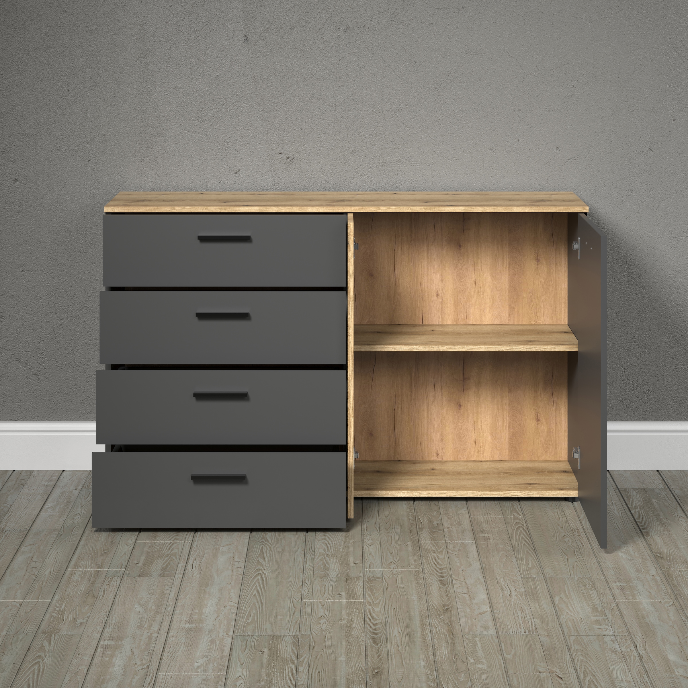 INOSIGN Kommode »Estepona«, (1 St.), Sideboard mit voll ausziehbaren Schubladen - (B/T/H) 139/38/86 cm