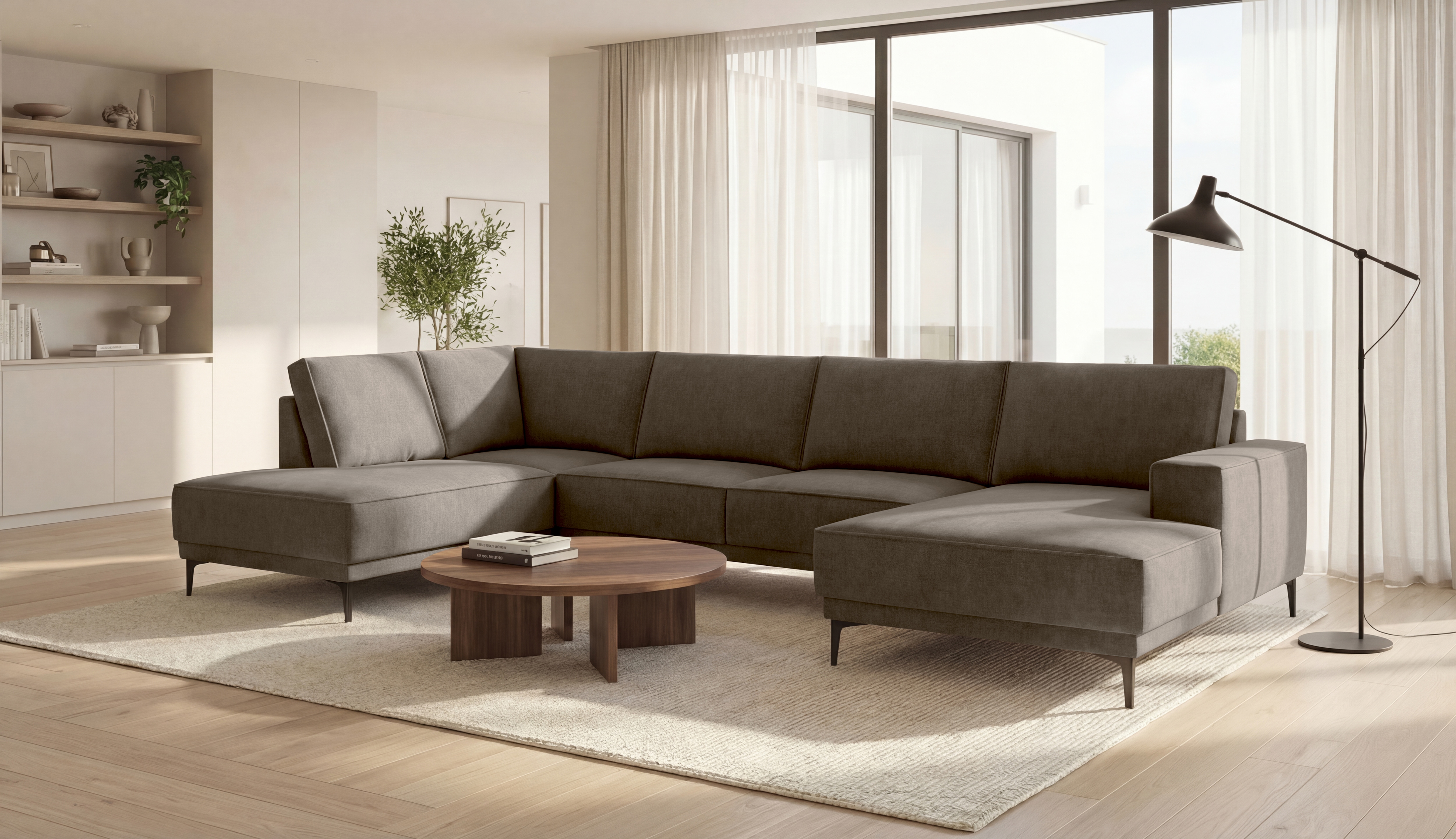 OTTO home Wohnlandschaft "OLAND Bouclé U-Form, XXL, B: 345 cm, Skandi-Design" U-Form, 345 cm, Wellenunterfederung, Skandi-Design, Metallfüße