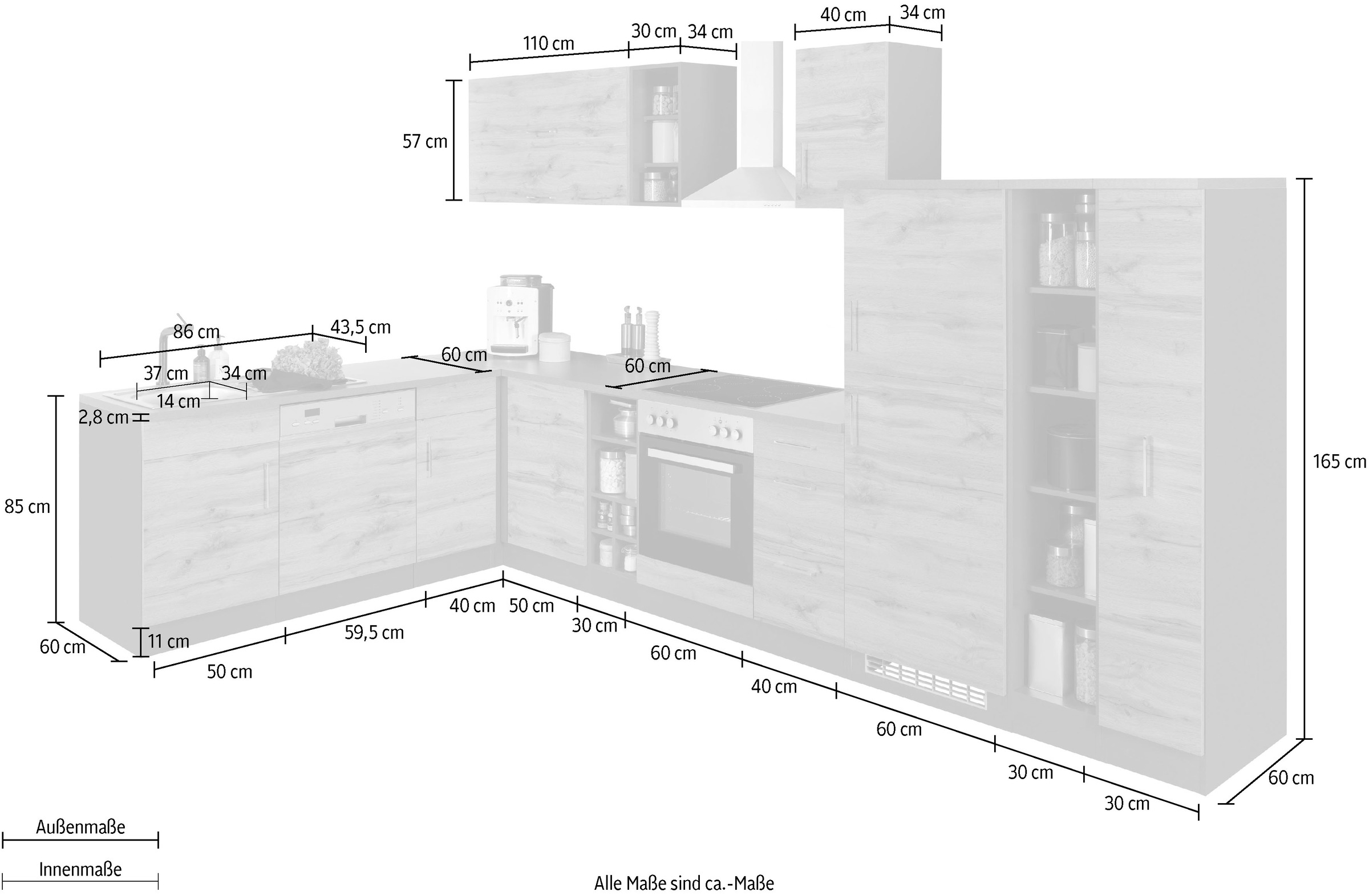 HELD MÖBEL Winkelküche »Colmar«, ohne E-Geräte, Stellbreite 210/360 cm