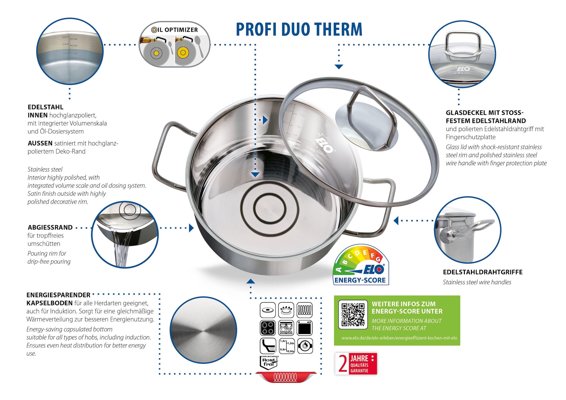 Elo Basic Topf-Set »Basic Profi Duo Therm Topfset 6-teilig«, Edelstahl, (Set, 10 tlg.), Volumenskala, integriertes Öl-Dosiersystem