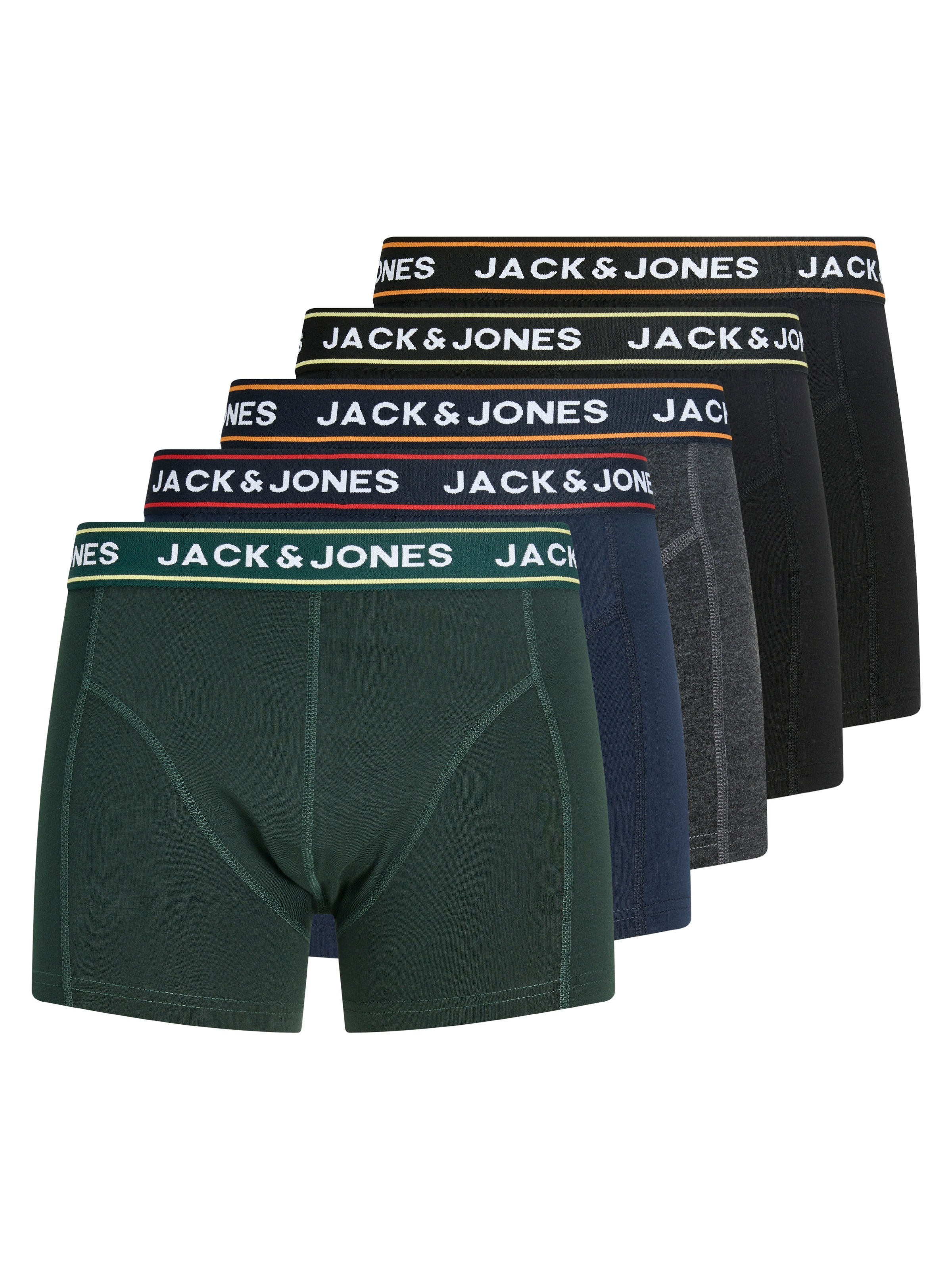 JACK & JONES Herren Trunk "JACMAX SOLID TRUNKS 5 PACK BTW", Gr. L, bunt, Jersey, Obermaterial: 95% Baumwolle, 5% Elasthan, unifarben mit Farbeinsatz,
