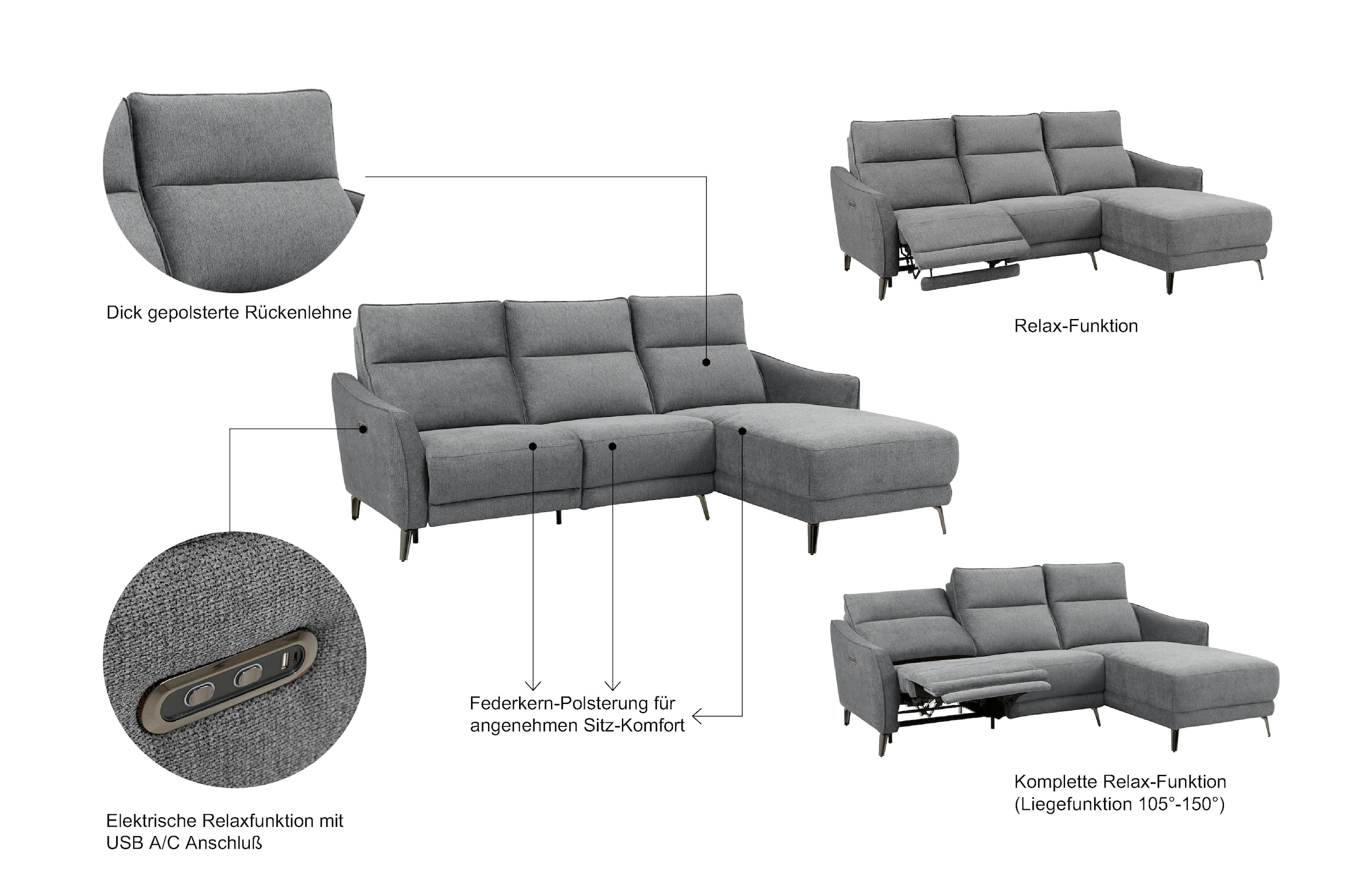 INOSIGN Ecksofa »TAYLER 3-Sitzer, L-Form (Breite 239cm), elektr. Relaxfunktion, USB A/C«, und Recamiere, Liegefunktion durch Recliner, Federkernpolsterung
