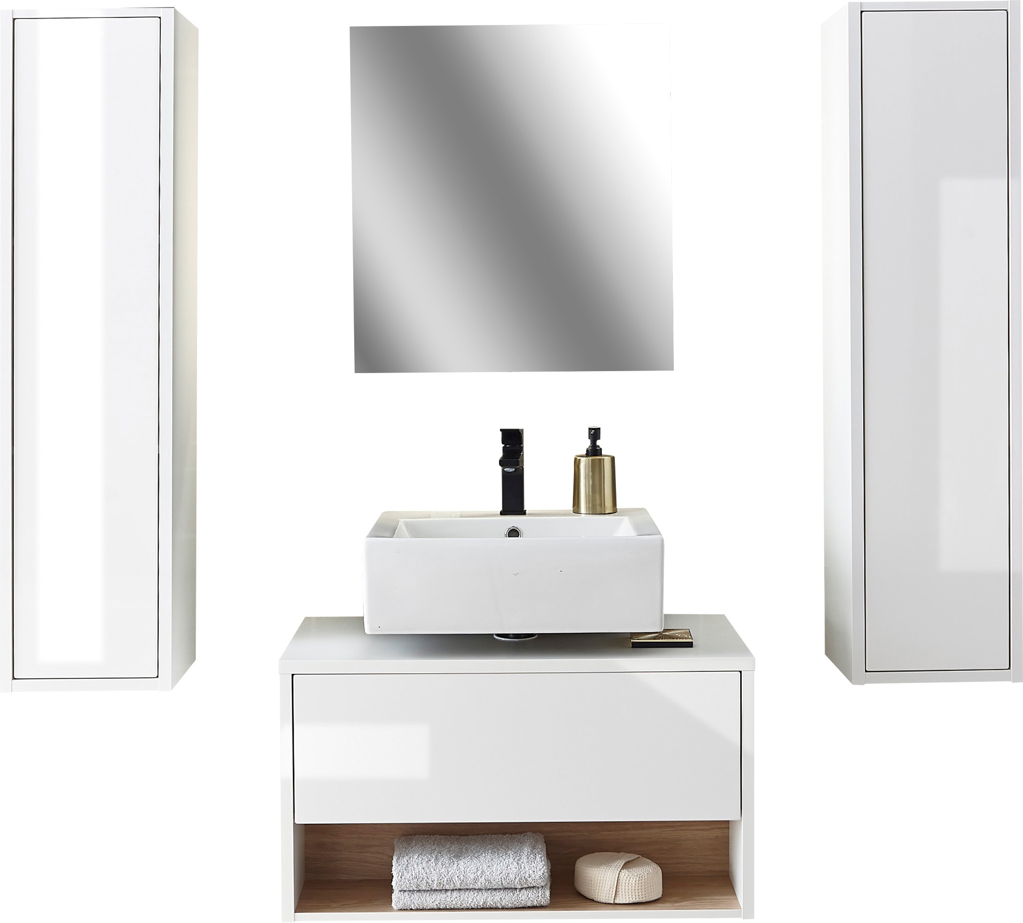 Places of Style Badmöbel-Set »Studio Line, Bad im modernen Design, 4-teiliges Badezimmer«, (4 St.), Schrank, Unterschrank und Spiegel, in zwei Farben verfügbar, Stauraum