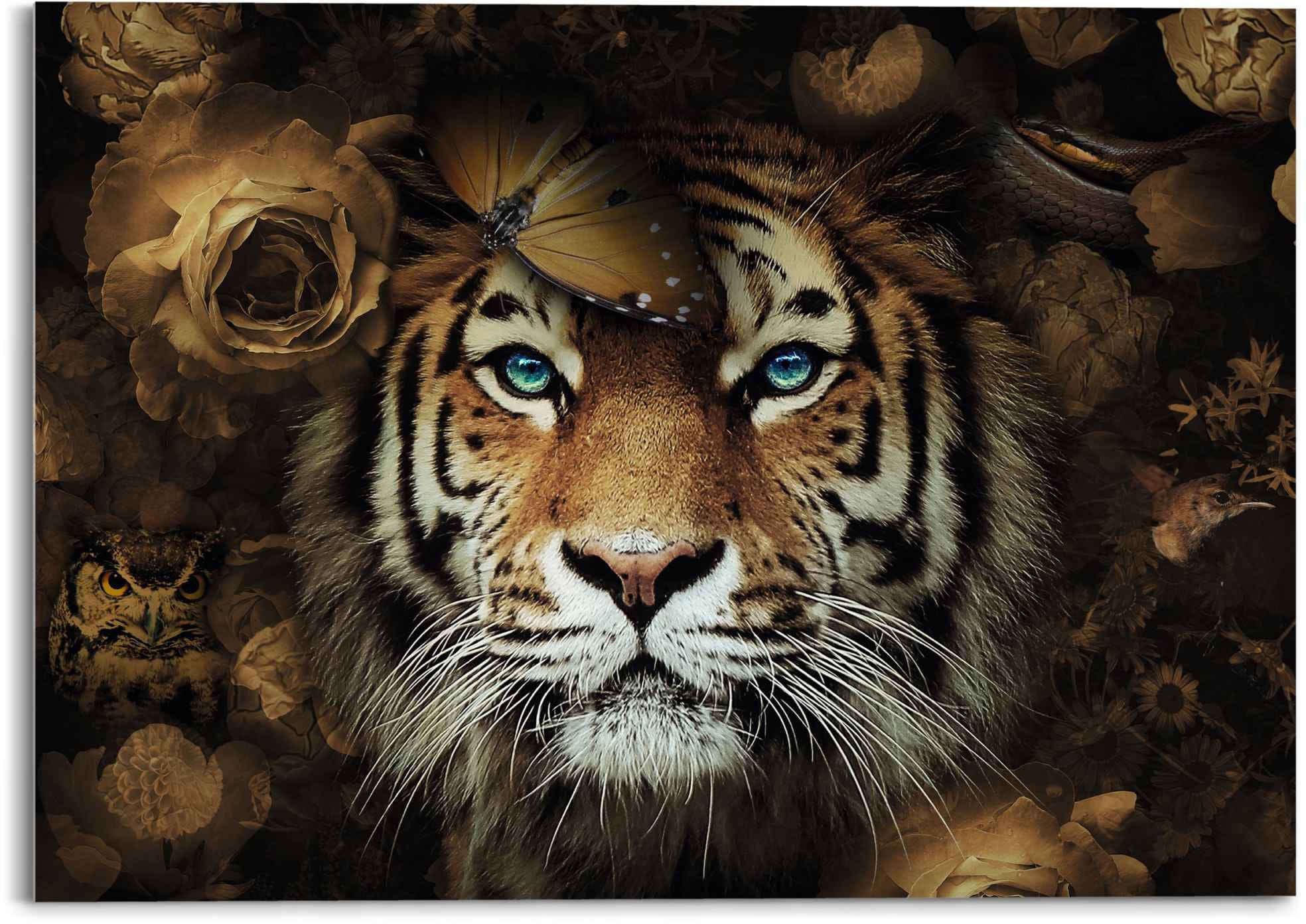 Reinders! Glasbild »Glasbild Tiger Tierreich - Blumen - Herbstfarben - Blaue Augen«, Tiger, (1 St.)