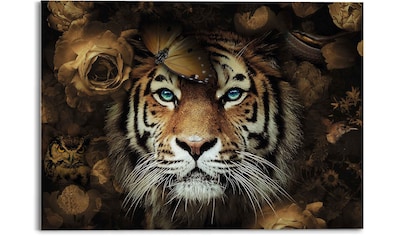 Glasbild »Glasbild Tiger Tierreich - Blumen - Herbstfarben - Blaue Augen«, Tiger, (1 St.)