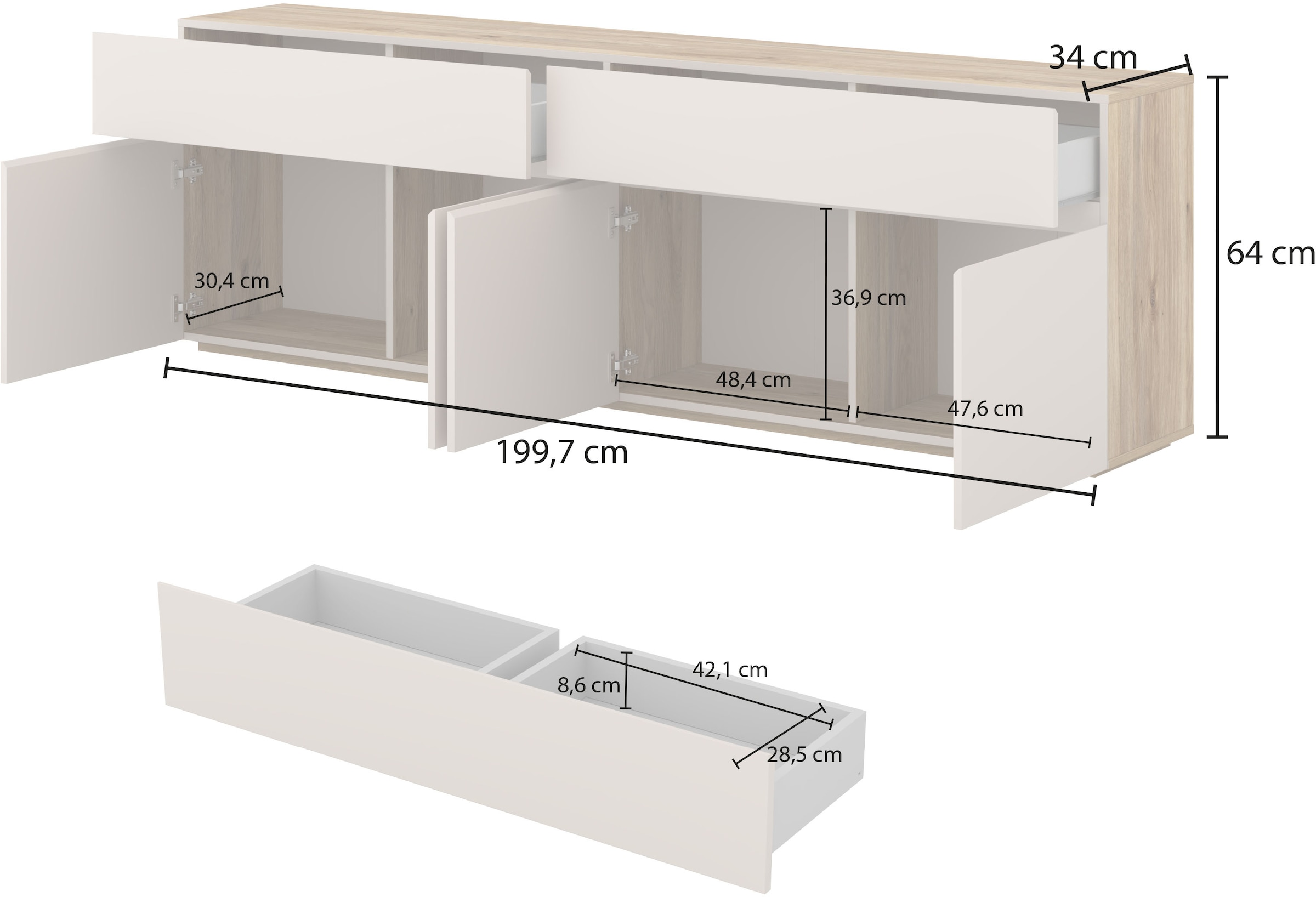 INOSIGN Sideboard »Criss, Breite 200 cm moderne grifflose Kommode 4Türen/4SK« Schubladenkommode mit viel Stauraum, vielseitig einsetzbar