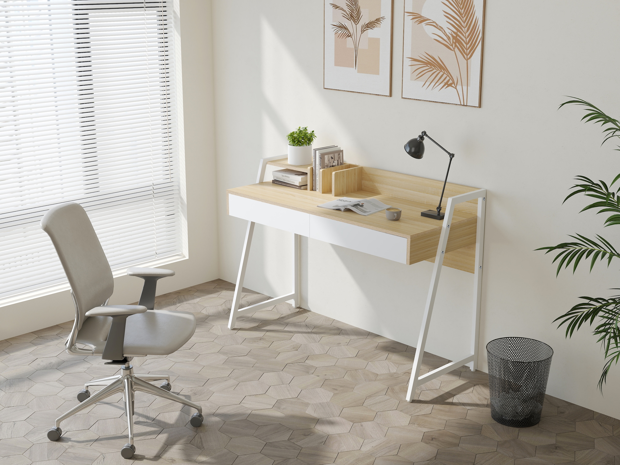 Home affaire Schreibtisch »Cowell«, (Breite 124 cm), 2 Schubladen, Ablage & integrierte Buchstützen, Metallgestell