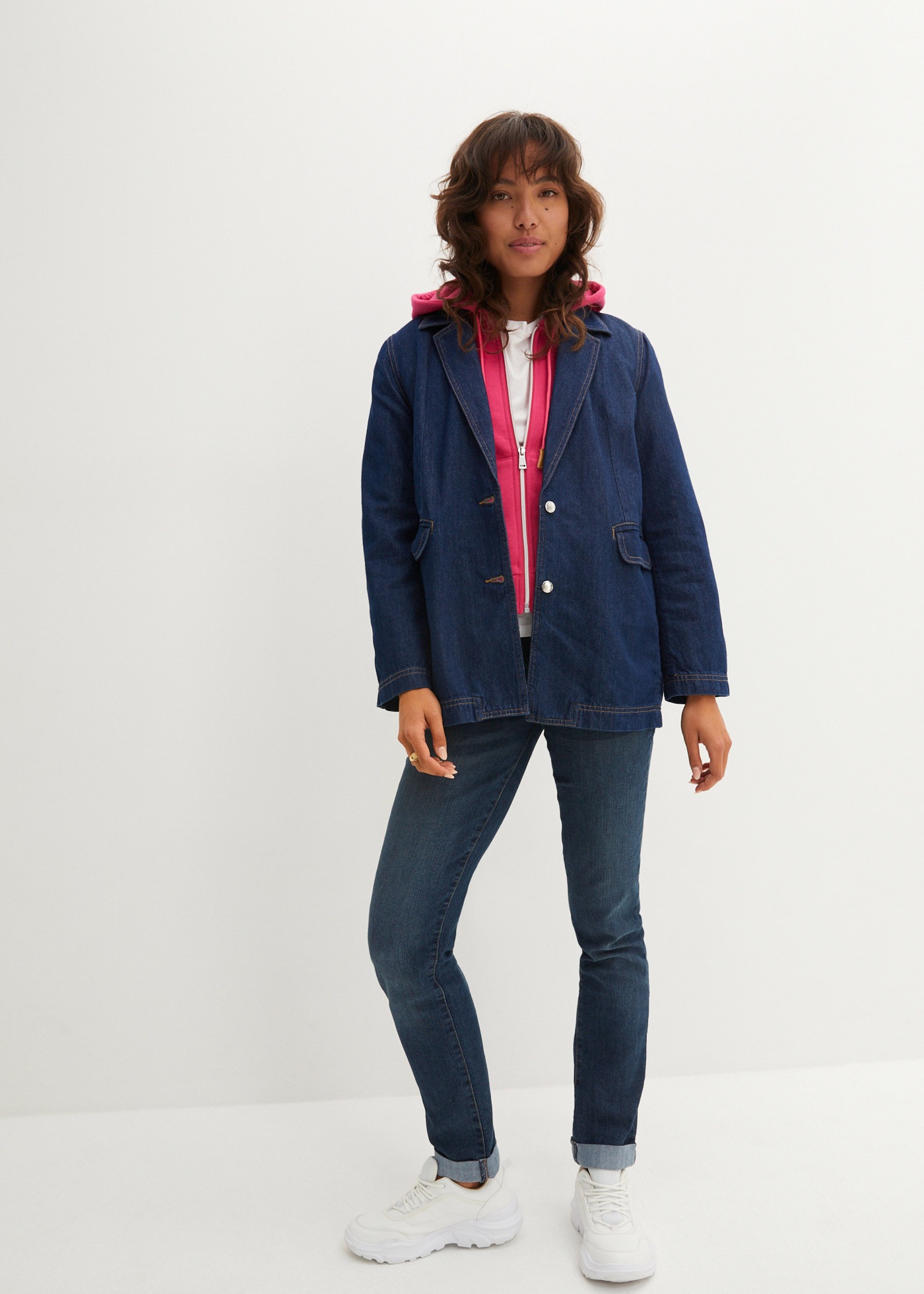 Straight-Jeans BONPRIX "Straight Jeans Mid Waist, Stretch", Damen, Gr. 40, K-Gr, blau (dunkelblau used), Denim/Jeans, Obermaterial: 82% Baumwolle, 17% Polyester, 1% Elasthan, regular fit knöchelfrei, Jeans Straight-Jeans, Regular Fit, mit Aufschlag, im Fi 3
