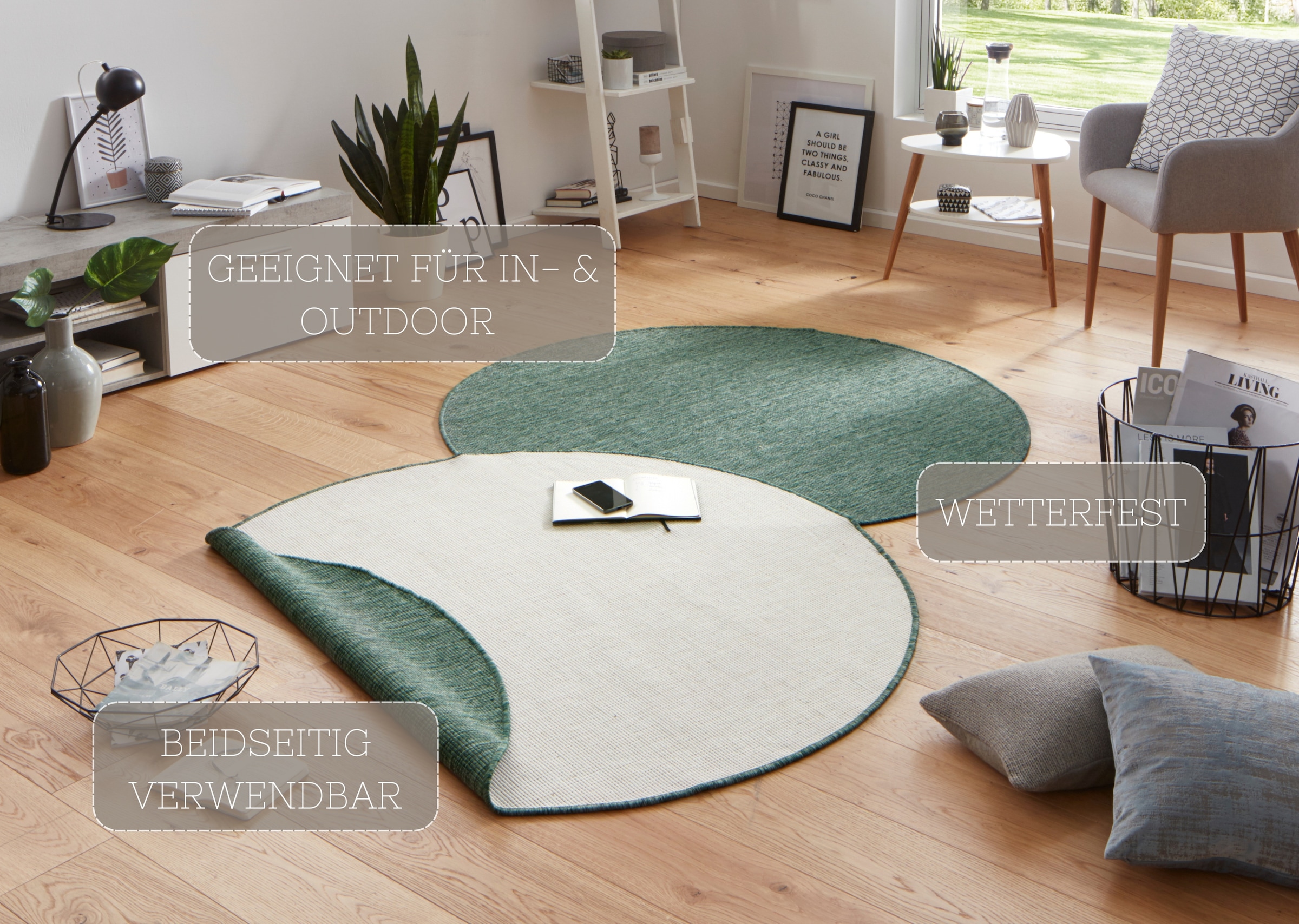 NORTHRUGS Teppich »Miami Wendeteppich«, rund, 5 mm Höhe, In-& Outdoor, Wetterfest, Balkon, Garten, Wohnzimmer, Wasserfest