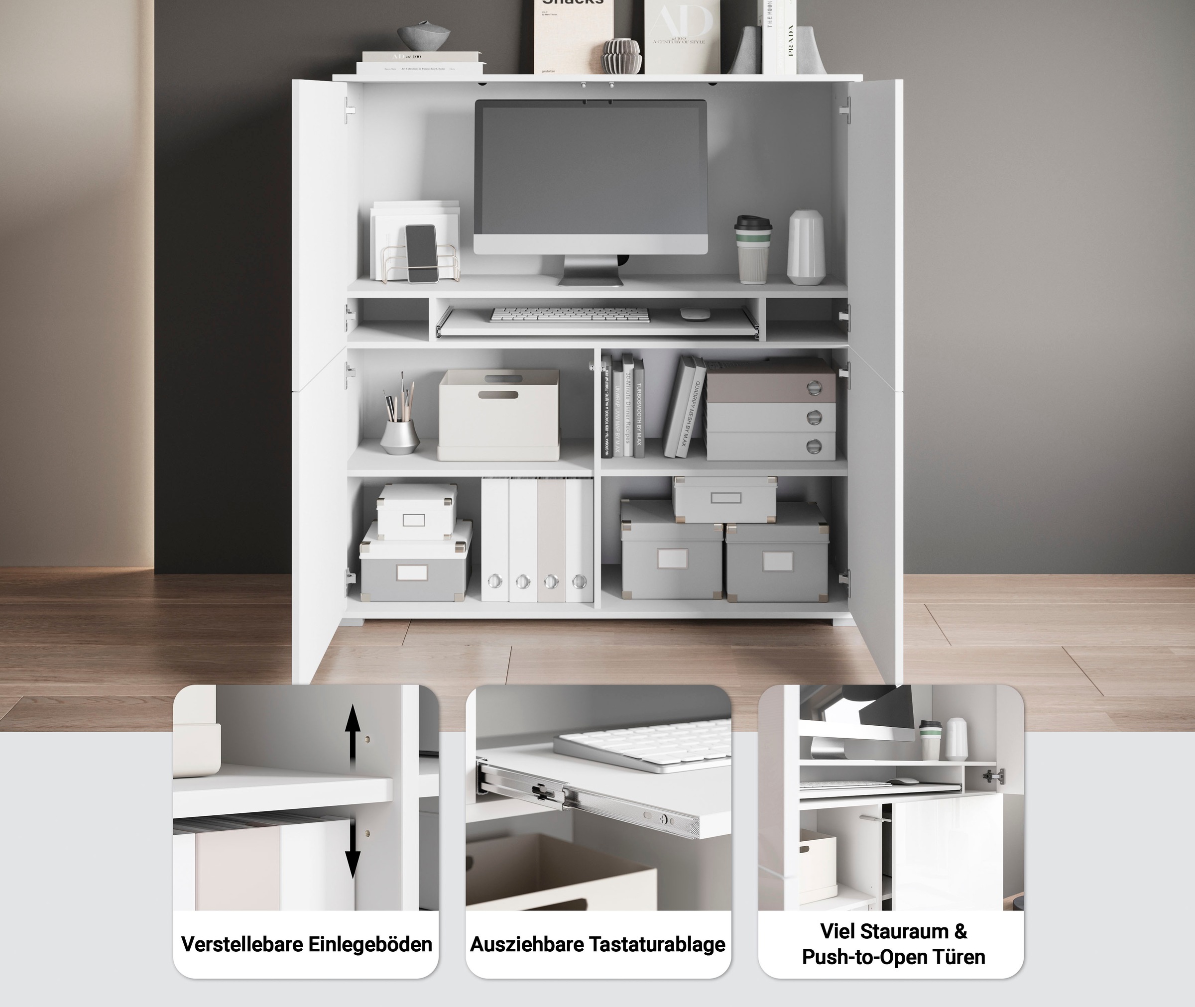 PC-Schrank OTTO HOME "Kenia, Sekretär, Home Office", grau pallad, B:120cm H:125cm T:39,5cm, Sekretäre, Mit Push-to-open, Tastaturauszug und praktischem Stauraum 2