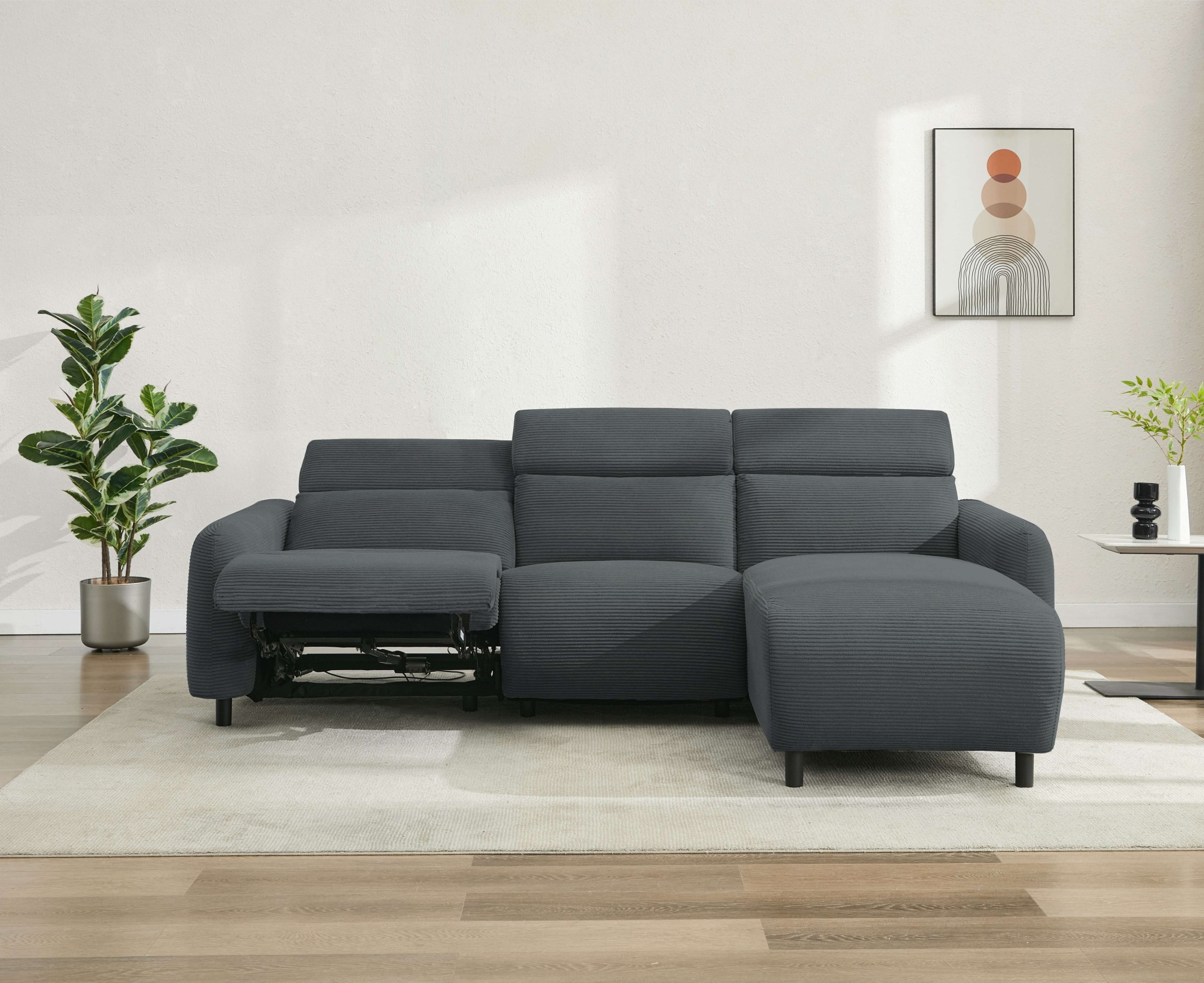 Home affaire Ecksofa »SKAANE in Cord, L-Form, 274 cm, manuelle u. elektrische Funktion,«, rundes Design, Kopfteilverstellung, Federkernpolsterung