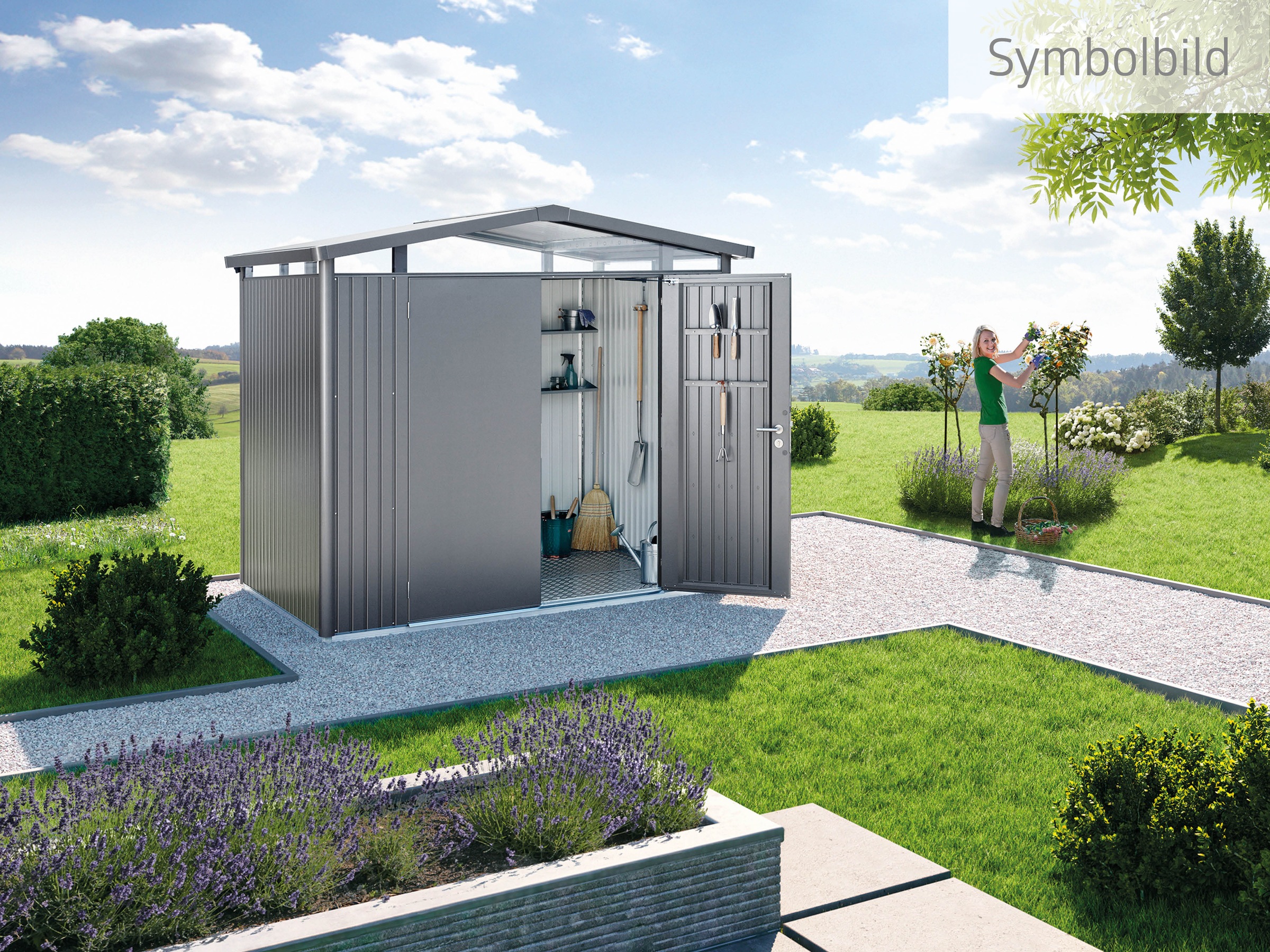 Biohort Gerätehaus »PANORAMA Gr. P2 quarzgrau-metallic
mit Doppeltür«, aus Metall mit umlaufendem Acrylglas-Lichtband