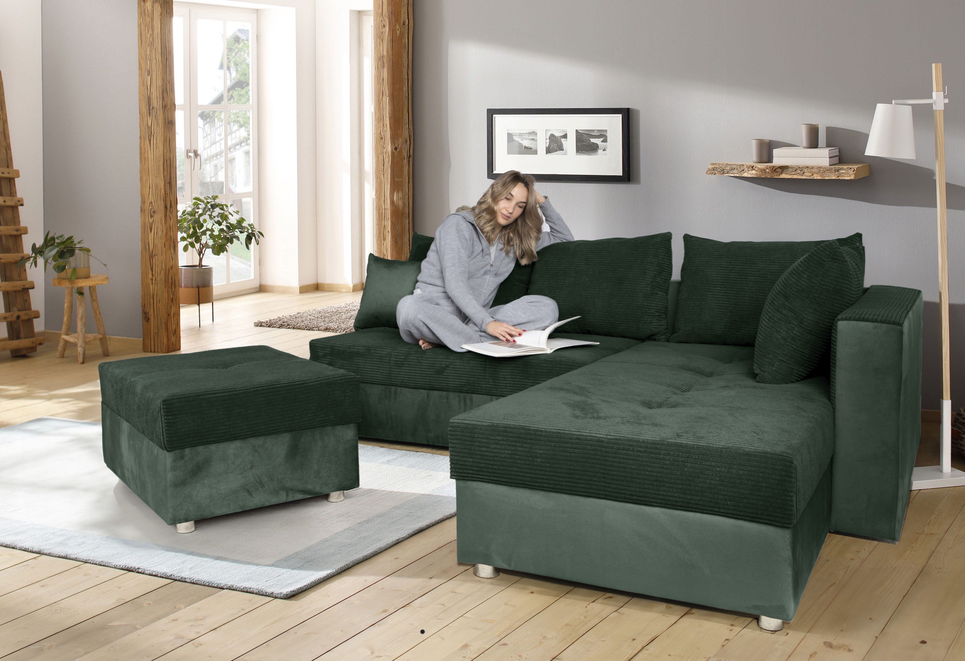 COLLECTION AB Ecksofa "Italia L-Form, B: 217 cm" Schlaffunktion, Bettkasten & 1 Zierkissen, Federkern