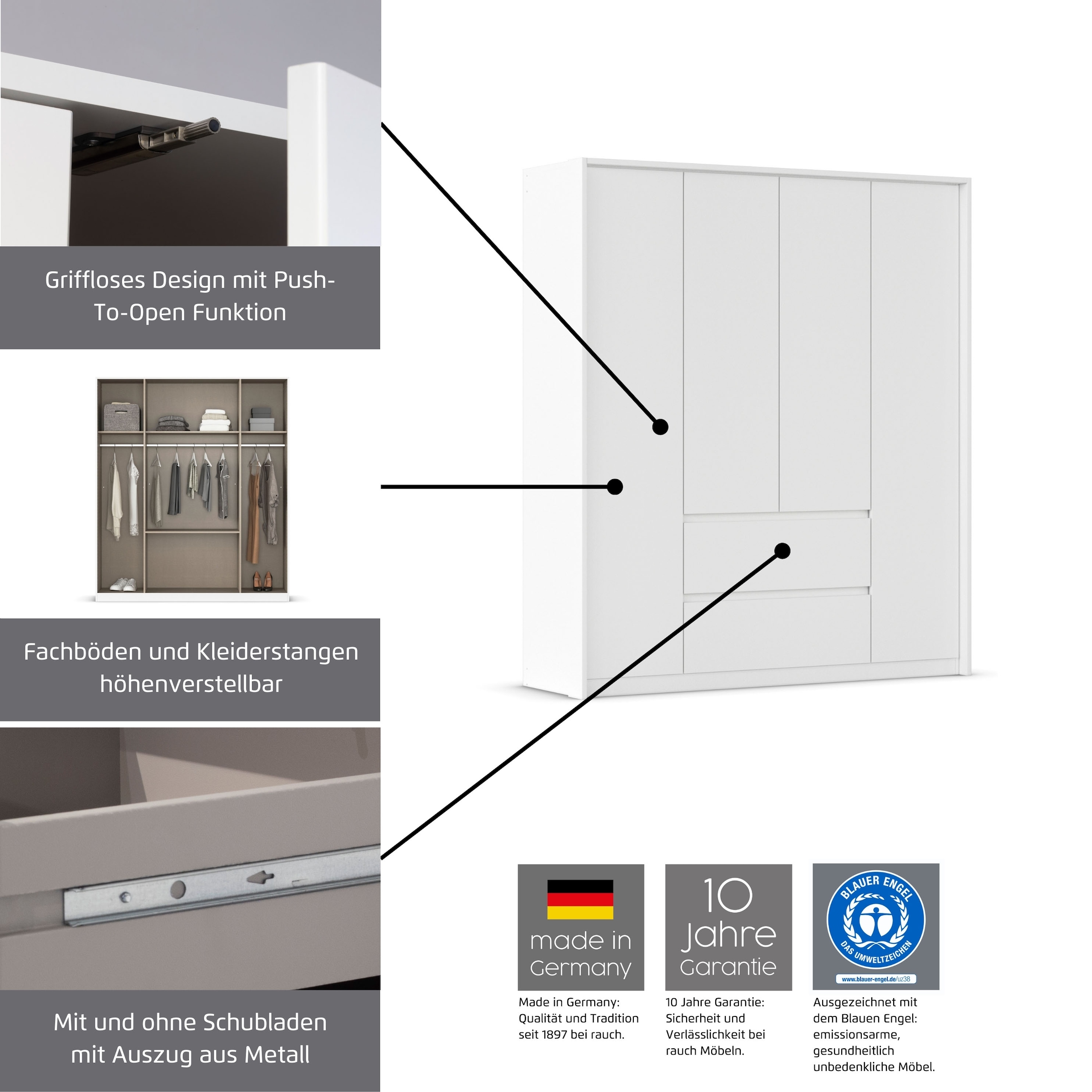 rauch Kleiderschrank »Schrank Garderobe MAINZ Breiten 91/136/181/226/271/315/360, Höhe 210cm« 3 verschiedene Ausstattungen BASIC/CLASSIC/PREMIUM (inkl. SOFT-CLOSE),  grifflose Front, Außentüren mit Push-to-Open Funktion MADE IN GERMANY