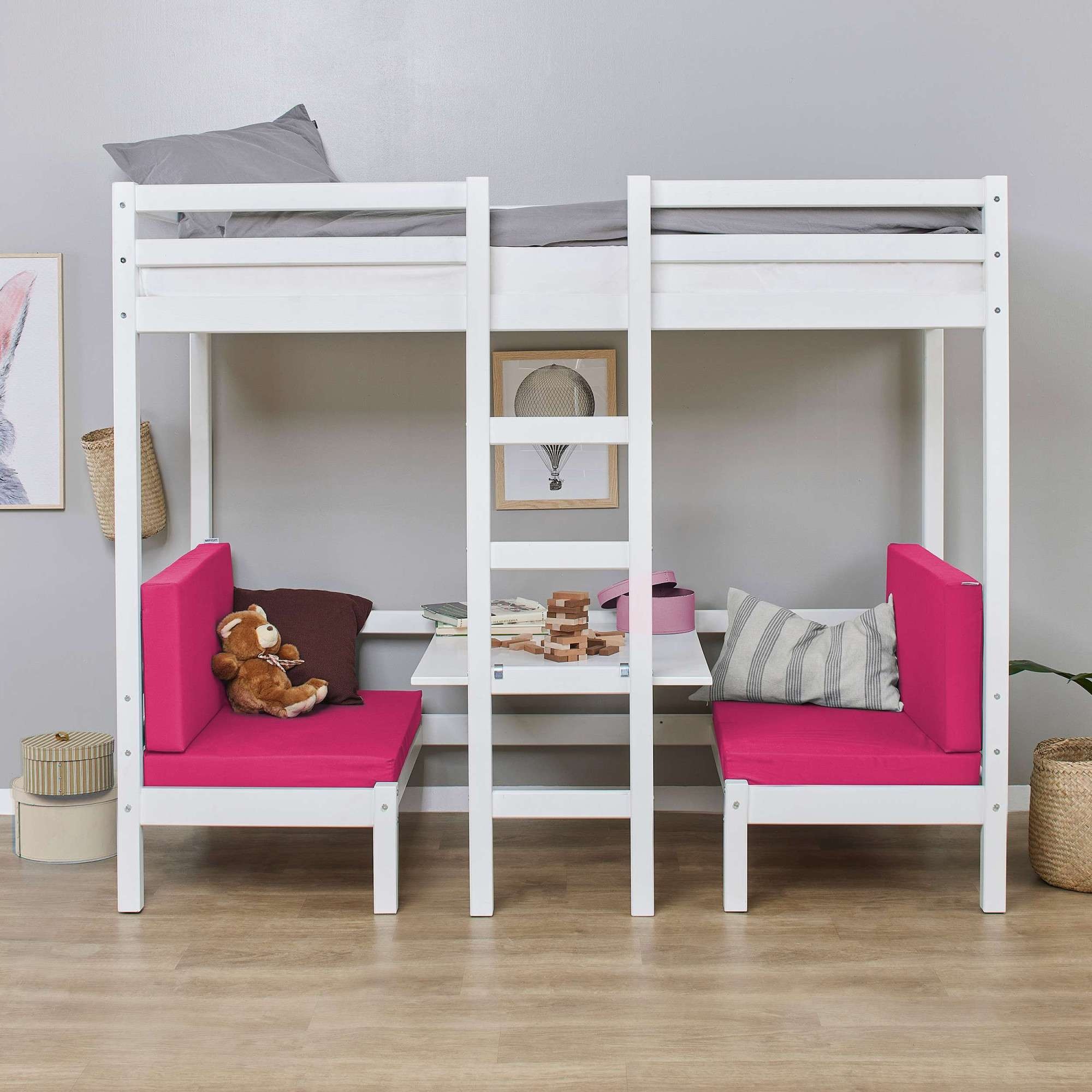Hoppekids Etagenbett »ECO Dream JUMBO Hochbett B/T/H 101/208/170 cm, umbaubar zum Etagenbett«, Kissen-Set in Pink, Blau oder Schwarz für Sitzgruppe inkl. Tisch