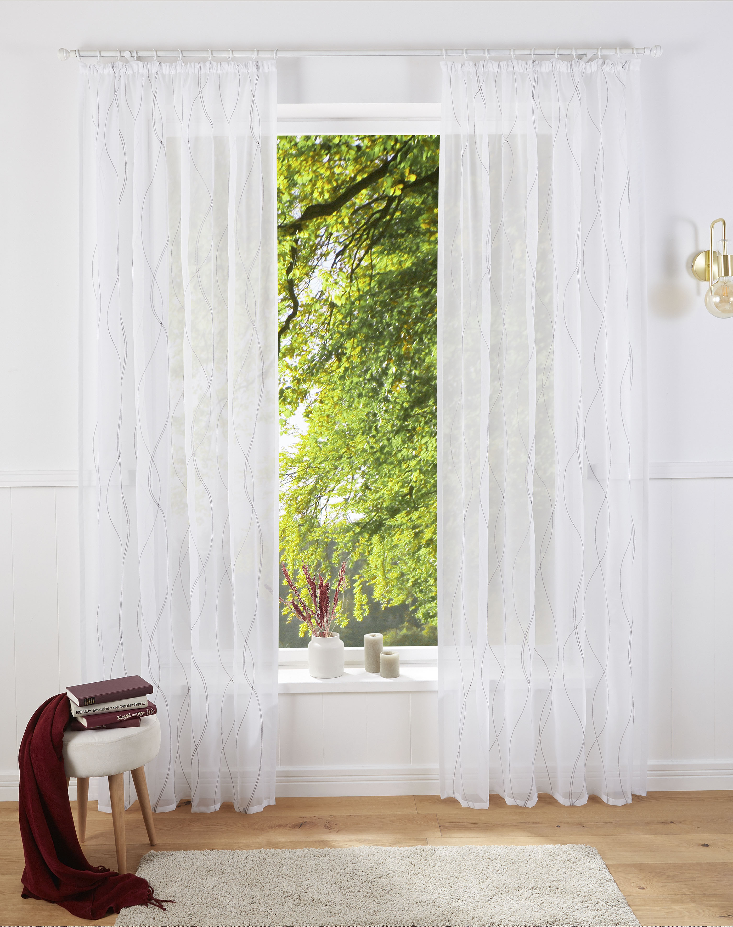 OTTO home Gardine "Mila" Kräuselband 1 Stk. tlg. mit Wellenmuster bestickt, Voile, einfarbig