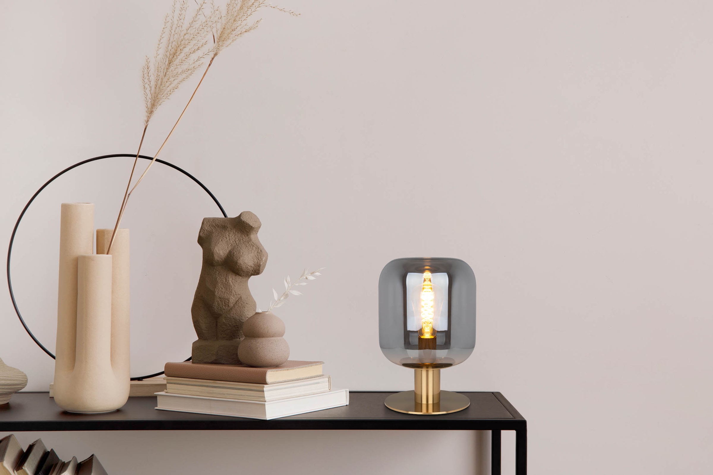 näve Tischleuchte »Alessio«, 1 flammig, Leuchtmittel E27 | ohne Leuchtmittel, Rauchglas, 1 x E27 exkl., Zuleitung 160cm schwarz mit Schnurschalter