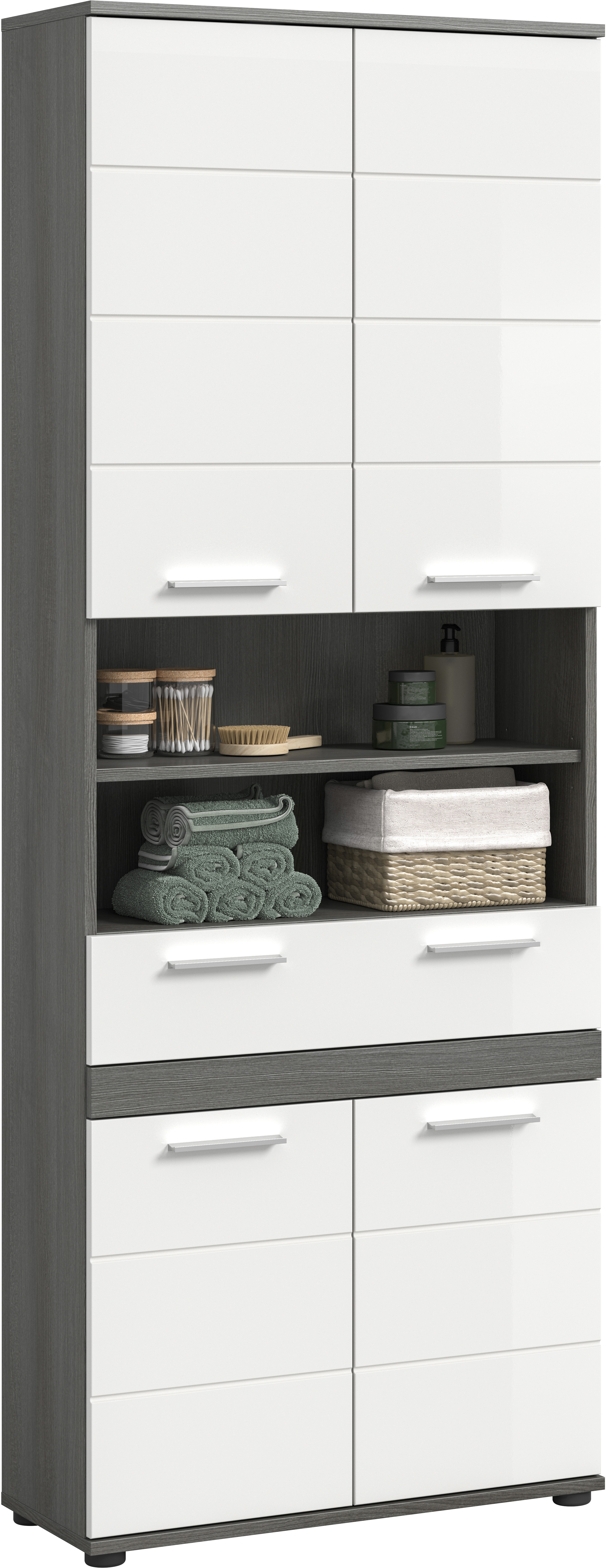 welltime Hochschrank "LUCCA, Breite 70cm, 4 Türen, 1 Schubkasten, 7 Fächer" Badschrank, Badmöbel, Badezimmer, Universalschrank, Mehrzweckschrank
