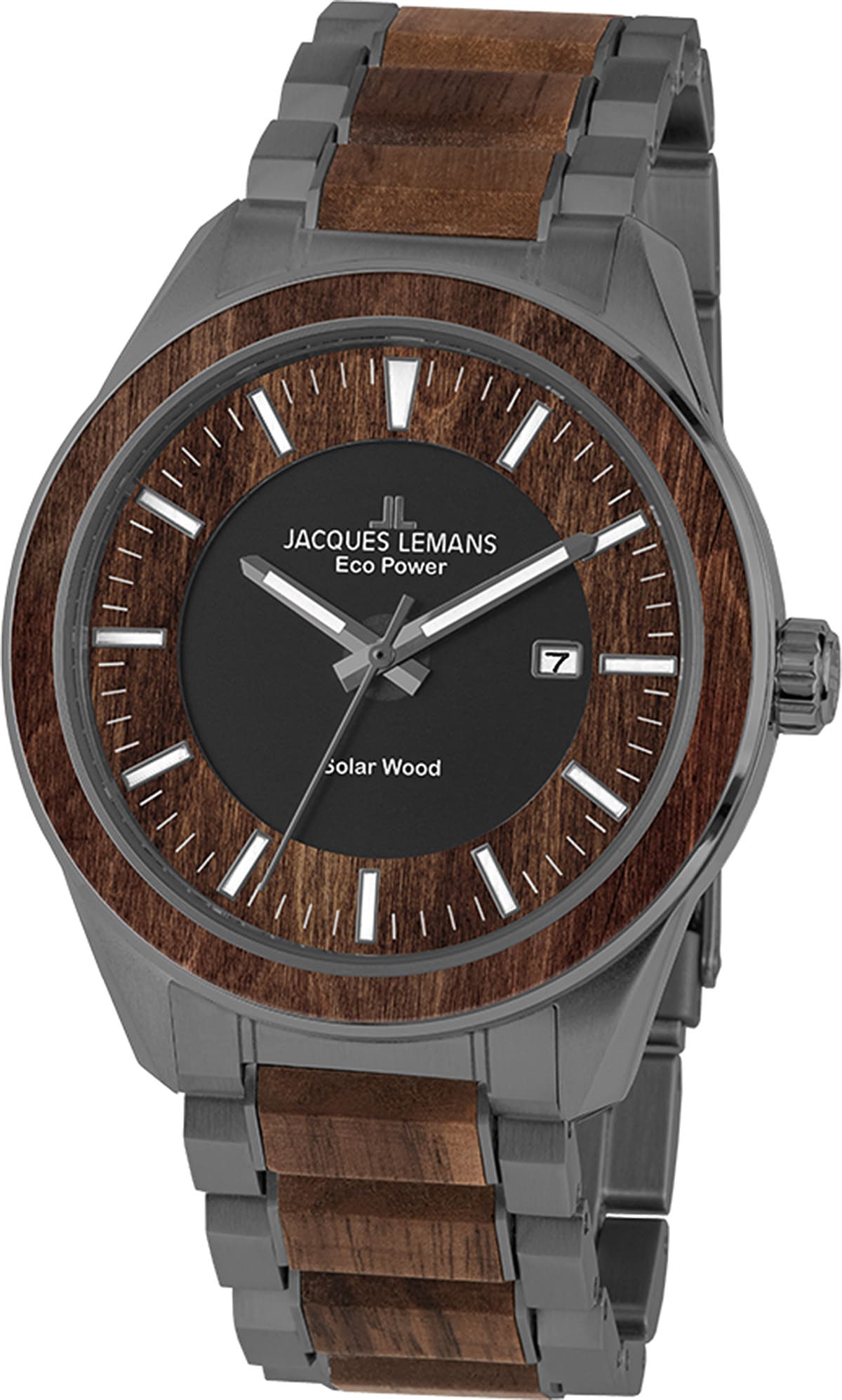 JACQUES LEMANS Herren Solaruhr "Eco Power Solar Wood", grau, Armbanduhren, Armbanduhr, Herrenuhr, Datum, Holz-Zifferblatt, Edelstahlarmband