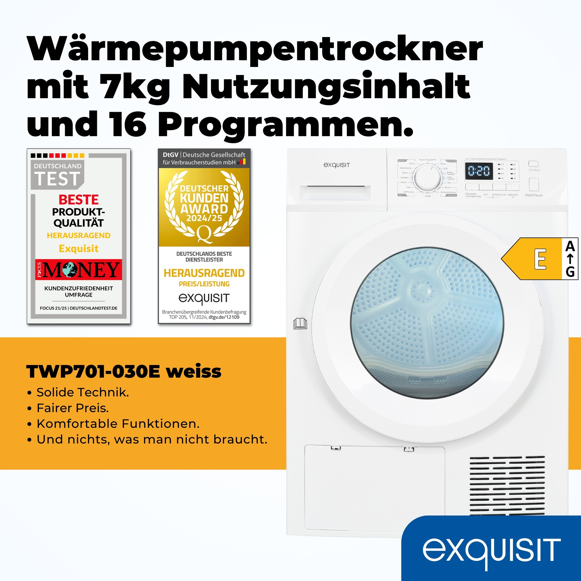 Thumbnail - exquisit Wärmepumpentrockner "TWP701-030E weiss"