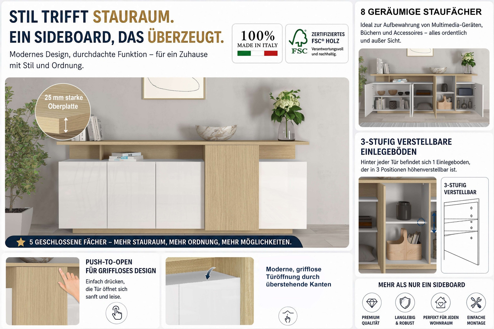 OTTO home Sideboard »Sideboard ETHOS, Kommode, Schrank, Kredenz« 1 Stk. tlg. Mit 5 Drehtüren, 8 Innenfächern und 2 Außenfächern, B.210 cm