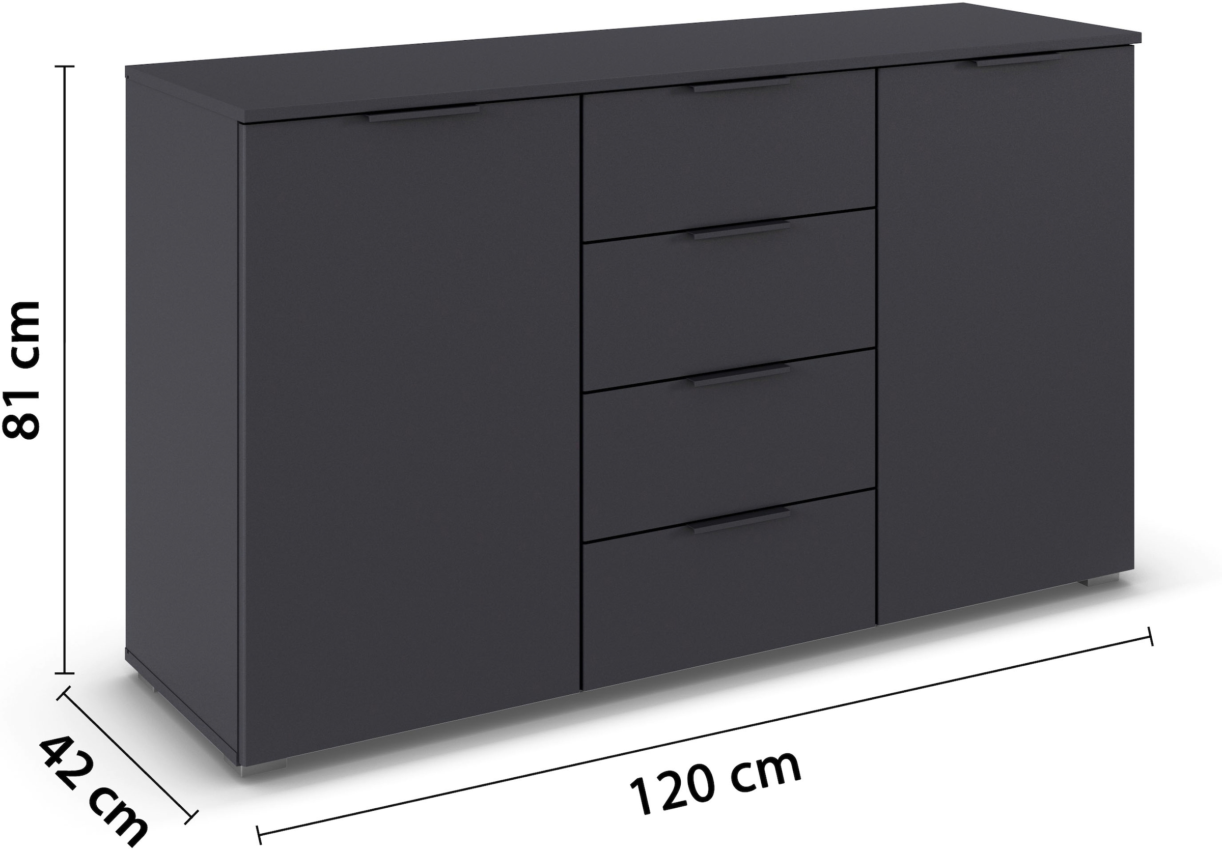 rauch Kombikommode »Sideboard Schubladenkommode AGORDO mit Dekor- oder Hochglanzfront«, (in zwei Griff-Farben, Breite 120 cm), vier große Schubladen, mit insgesamt 4 Einlegeböden MADE IN GERMANY