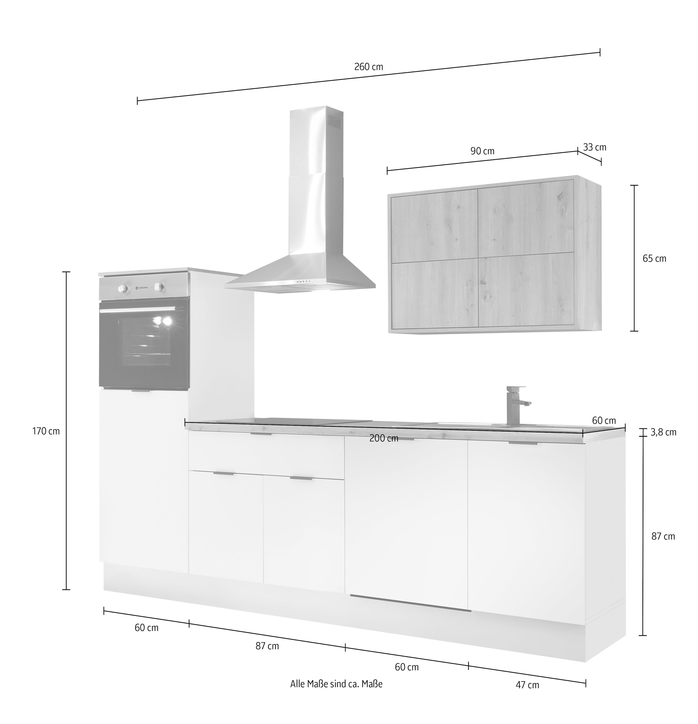 KOCHSTATION Küchenzeile »KS-Georgia, mit 38mm starker Arbeitsplatte«, Breite 260 cm, wahlweise mit E-Geräten und Kühlschrank