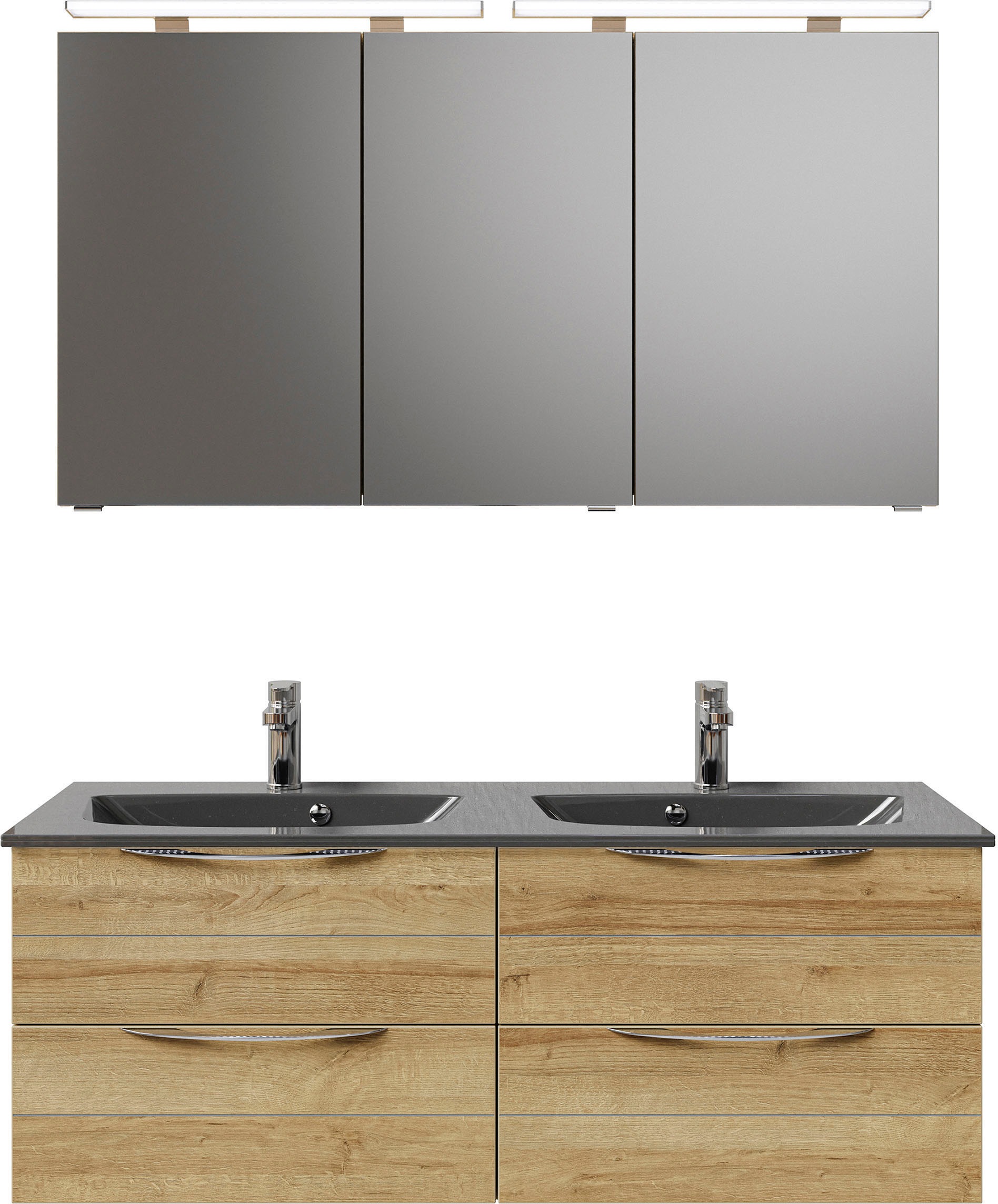 Saphir Badmöbel-Set »Serie 6025 2-teilig Mineralmarmor-Waschtisch mit LED-Spiegelschrank«, (2 St.), Waschplatz 132cm breit, 4 Schubladen, 2 Spiegel-Türen, inkl Türdämpfer