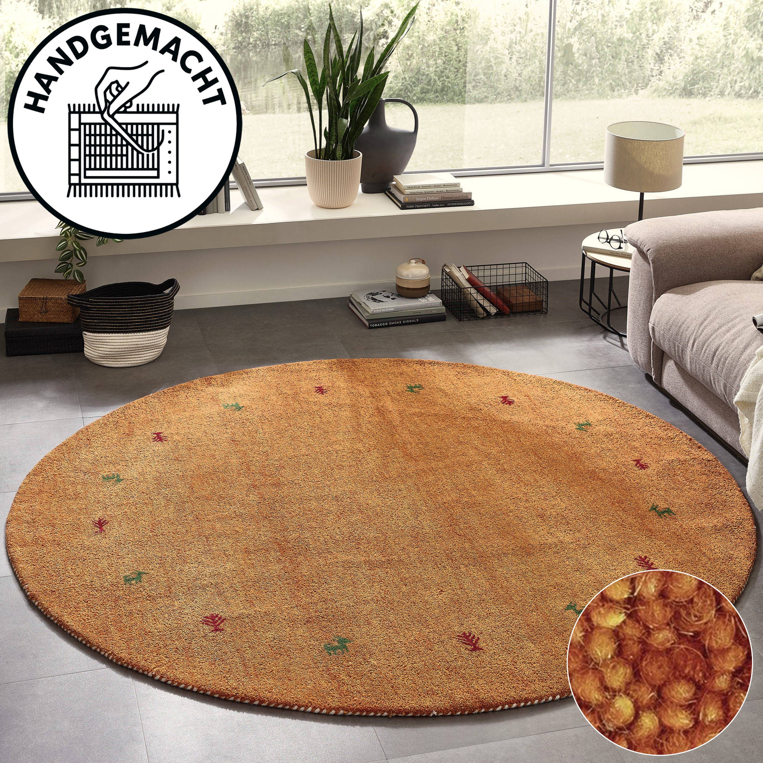 THEKO Wollteppich "Gabbeh Motiv, Handgefertigt, Teppich, Tiermotiv, reine Wolle" rund 14 mm Höhe reine Wolle, Wohnzimmer, Schlafzimmer, Esszimmer