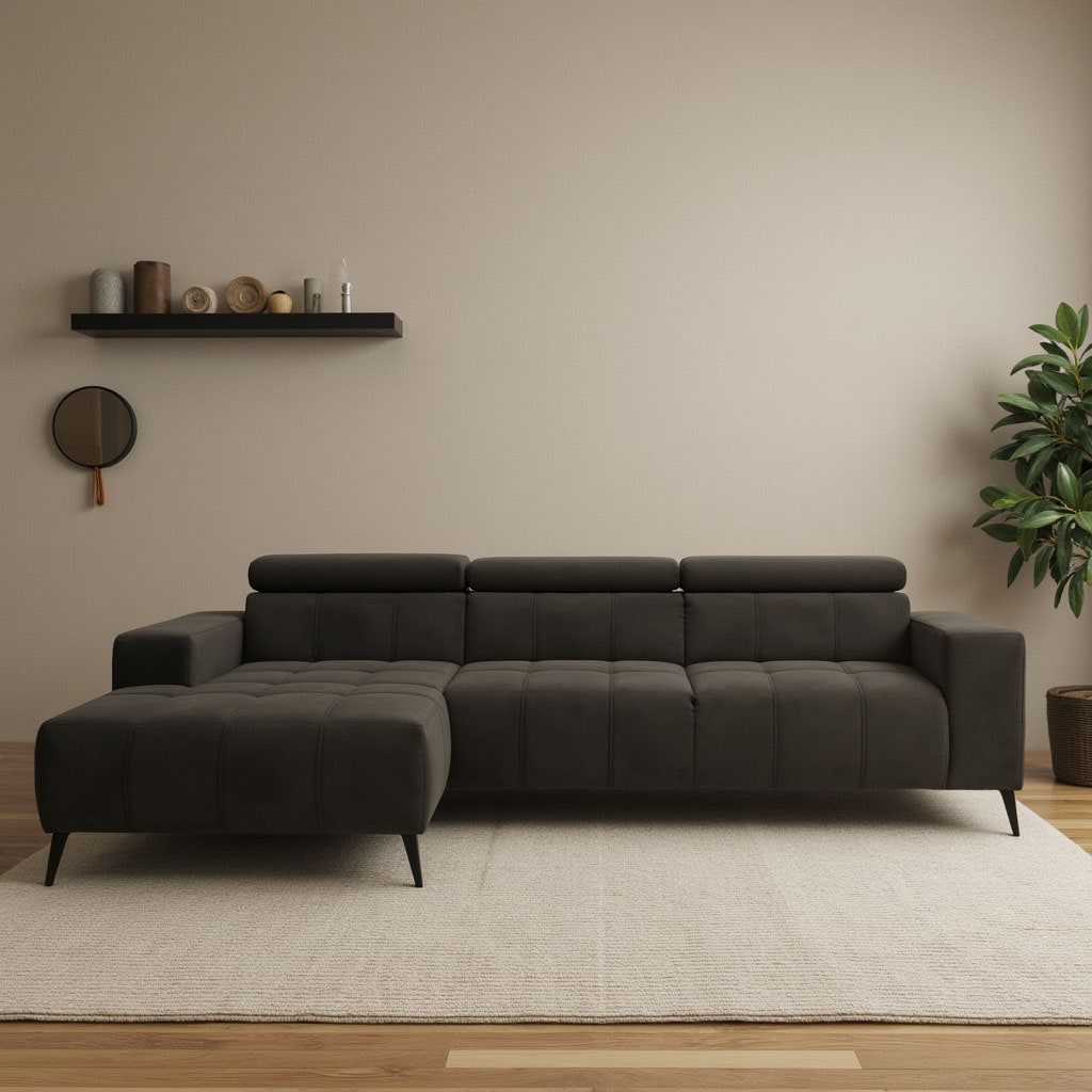 DOMO collection Ecksofa "Trento L-Form, mit Kufenfuß oder Einzelfuß" whlw. verstellbare Kopfteile, passend für gängige Saugroboter