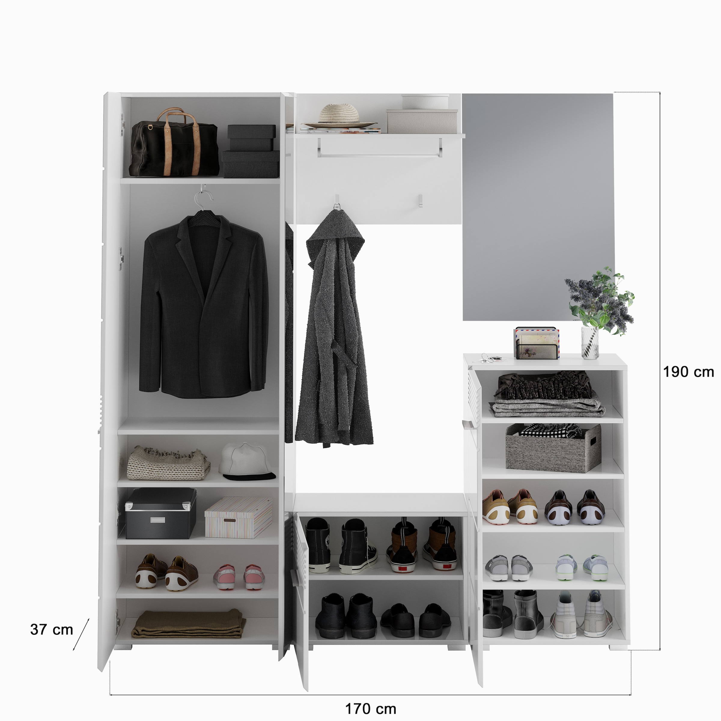 INOSIGN Garderoben-Set »Malmö, Breite 170cm, MDF Front mit Rillenfräsung, 5-teilig, best. aus:«, (5 St.), Garderobenschrank, Sitzbank, Garderobenpaneel, Schuhkommode & Spiegel