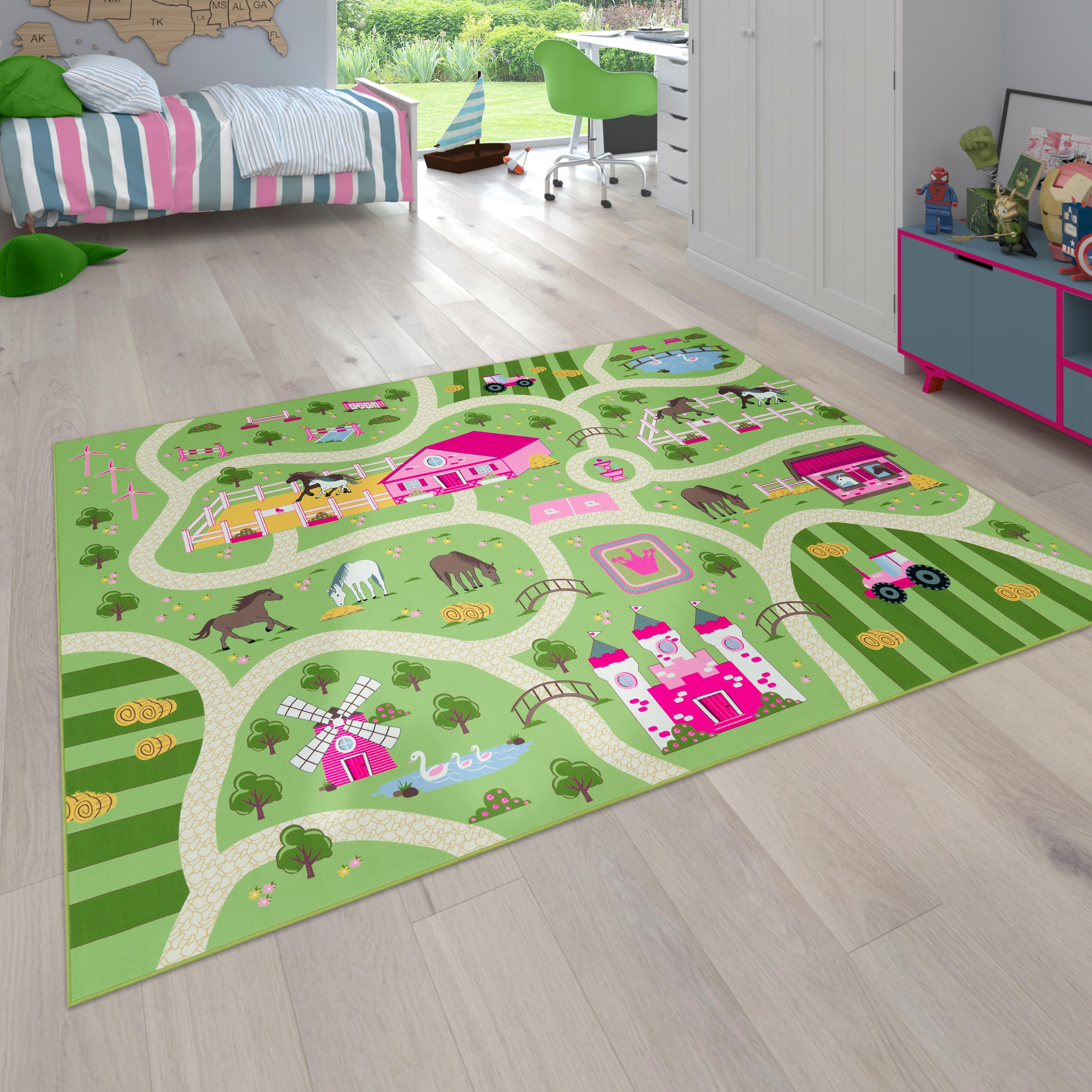 Paco Home Kinderteppich "Bino 560", rechteckig, 4 mm Höhe, Kurzflor, Straßen-Spiel-Teppich, Motiv Bauernhof, Kinderzimme