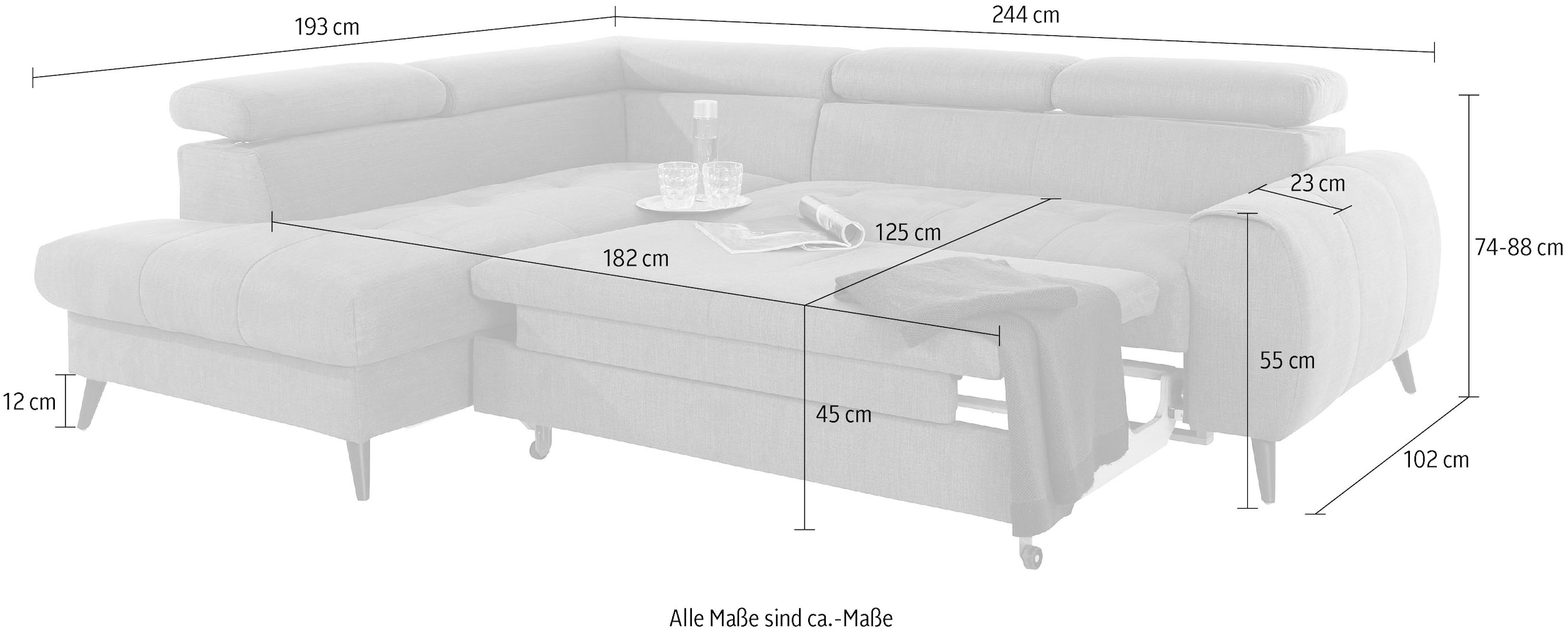 COTTA Ecksofa »Mia L-Form mit 3 Zierkissen«, wahlweise mit Bettfunktion, Bettkasten, Beleuchtung & Wireless-Charger