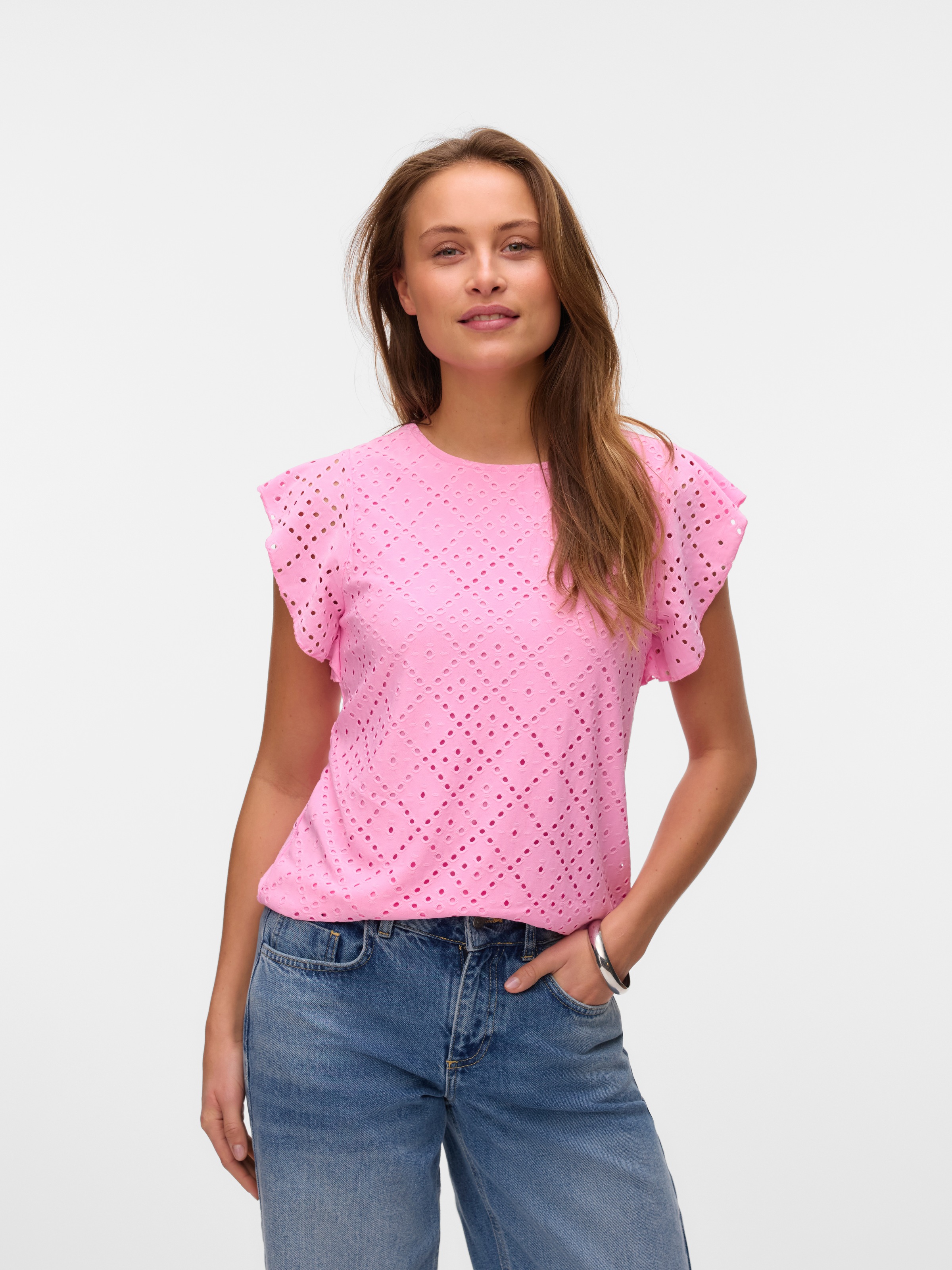 Vero Moda Rundhalsshirt "VMTASSA SL FRILL TOP NOOS" Materialmix, loose fit günstig online kaufen