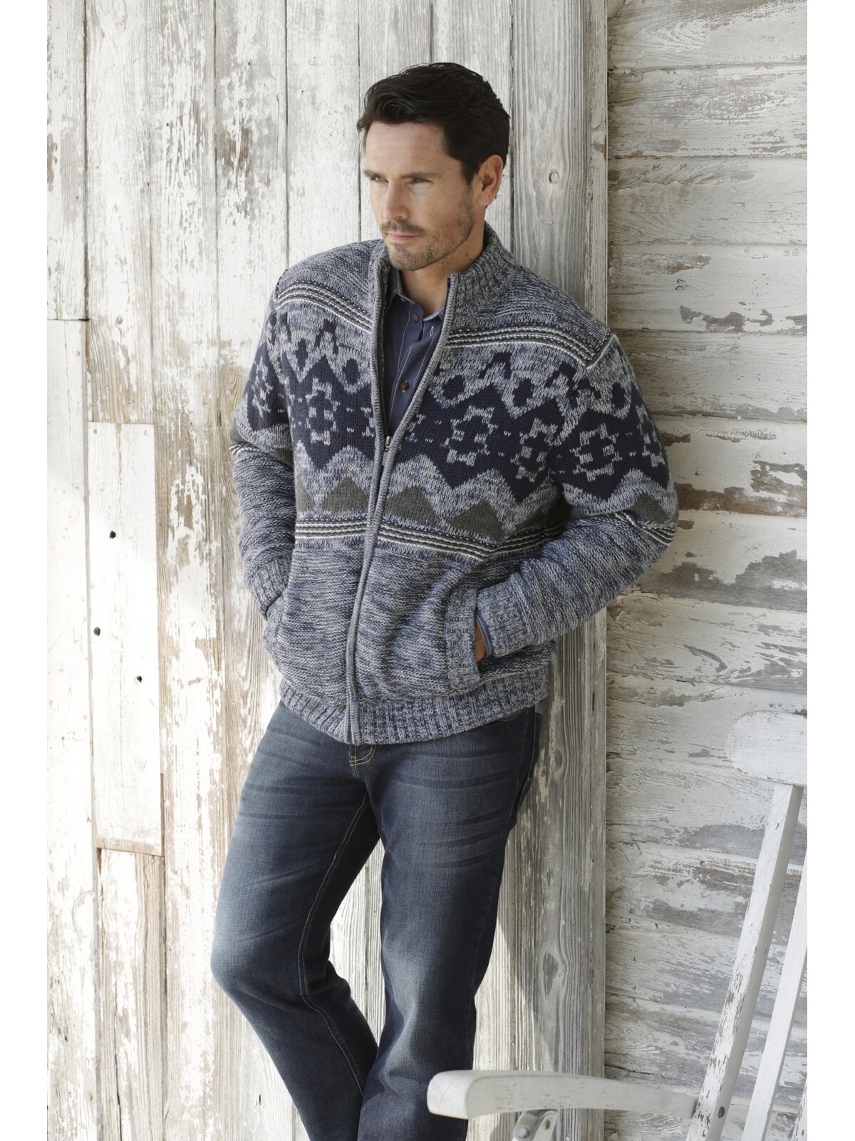 Strickjacke BABISTA "Outdoor Strickjacke TESSABELLA", Herren, Gr. M, bunt (blau gemustert), Obermaterial: 70% Polyacryl PAN. 30% Wolle mw., Strickjacken Strickjacke 2
