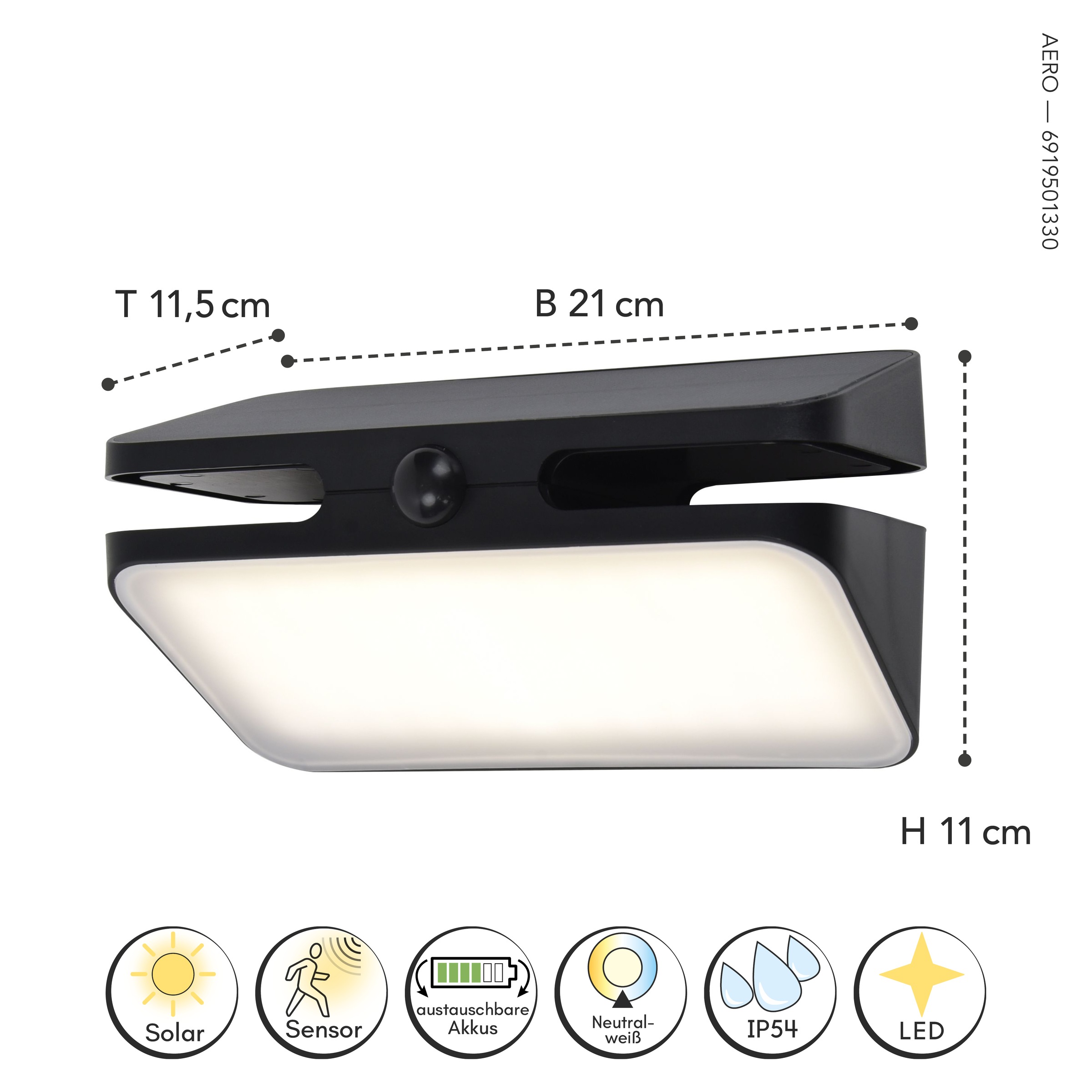 LUTEC LED Solarleuchte »LED-Solar-Aussenwandl. mit BWM AERO«, 1 flammig, Leuchtmittel LED-Board | LED fest integriert, Bewegungsmelder