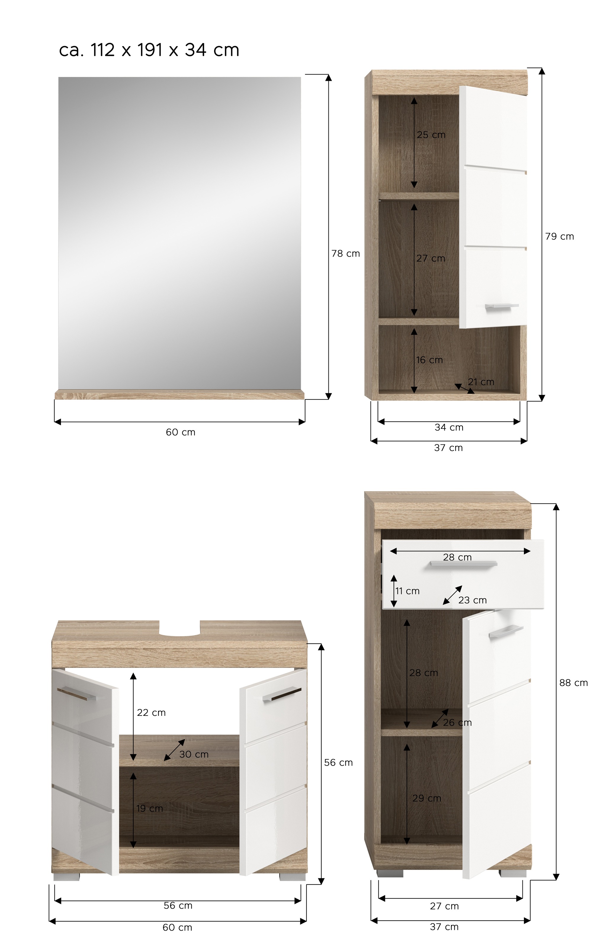 INOSIGN Badmöbel-Set »Siena, 4 teilig, bestehend aus:«, (Set), Waschbeckenunterschrank, Spiegel, Unterschrank, Hängeschrank