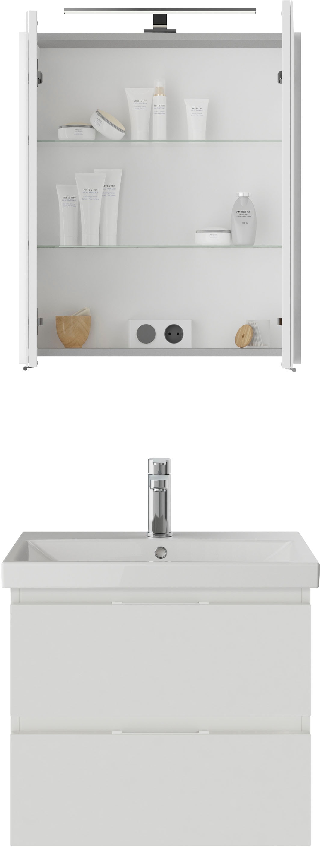 Saphir Badmöbel-Set »Serie 4035 2-teilig, Keramikwaschtisch mit LED-Spiegelschrank«, (Set), 60 cm breit, inkl. Türdämpfer, 2 Schubladen, 2 Türen, 2 Einlegeböden