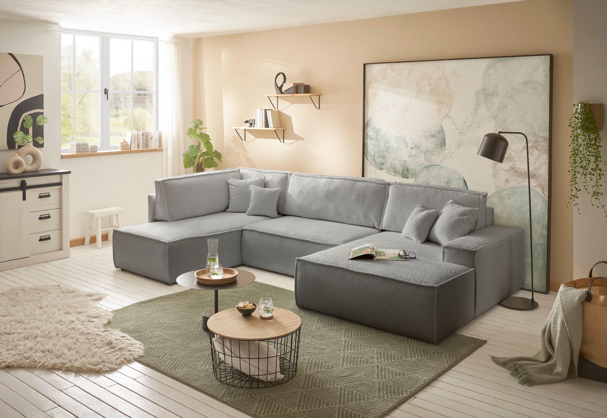 andas Wohnlandschaft »FINNLEY U-Form XXL 329 cm, Schlafsofa, Schlaffunktion m. Bettkasten«, (194/139 cm), Bouclé, Struktur und Cord