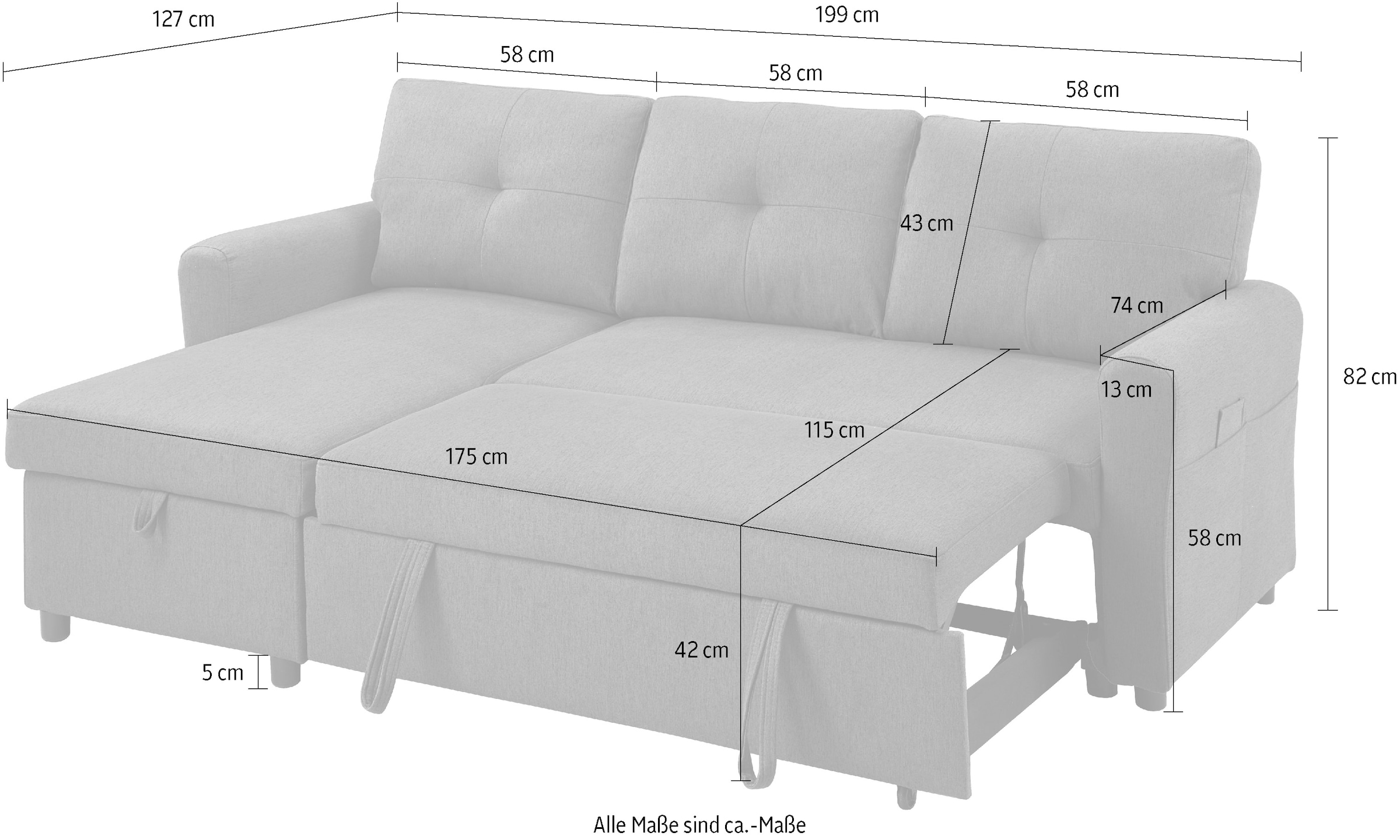 ATLANTIC home collection Ecksofa »Gustavo L-Form«, mit Schlaffunktion, Stauraum & seitlichen Taschen