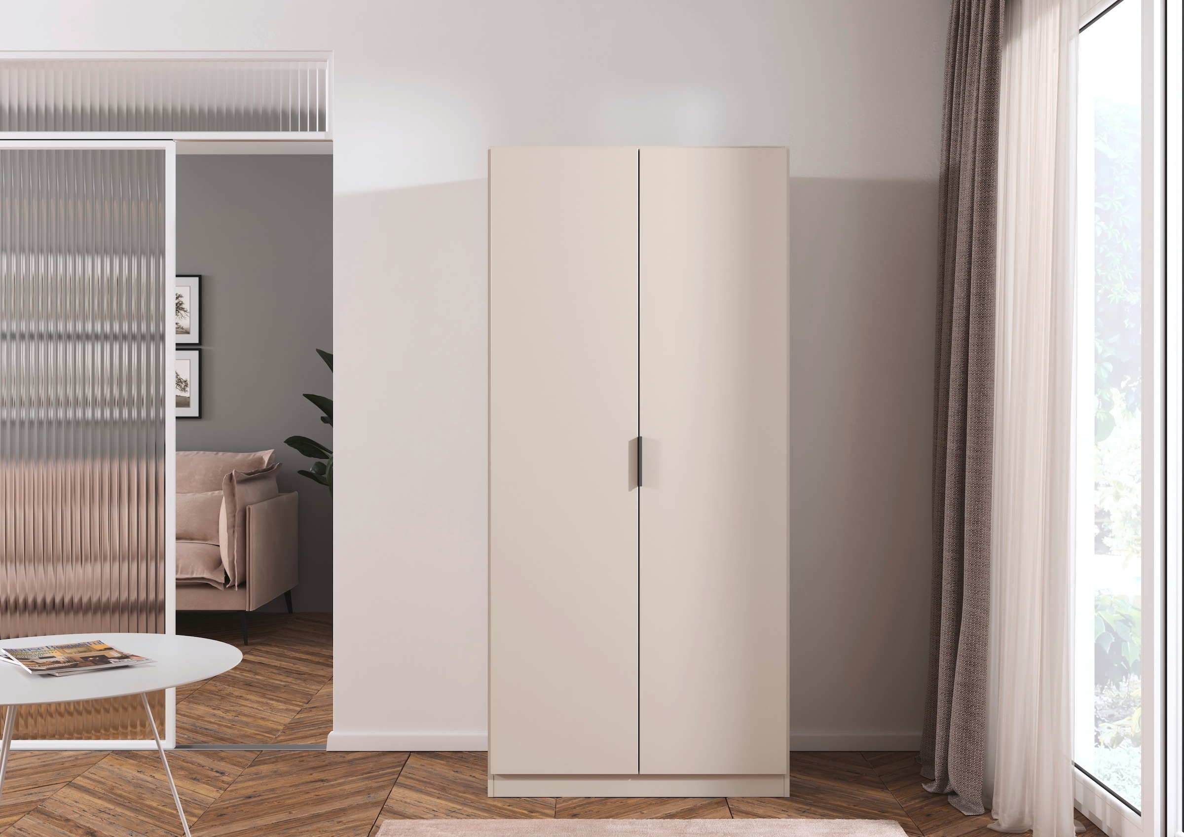 rauch Kleiderschrank »Drehtürenschrank Schrank Garderobe Ankleide Schlafzimmer LAGOA« 3 verschiedene Ausstattungen BASIC/CLASSIC/PREMIUM (inkl. SOFT-CLOSE),  moderne Kantengriffe aus Metall, optional mit Aufsatz MADE IN GERMANY