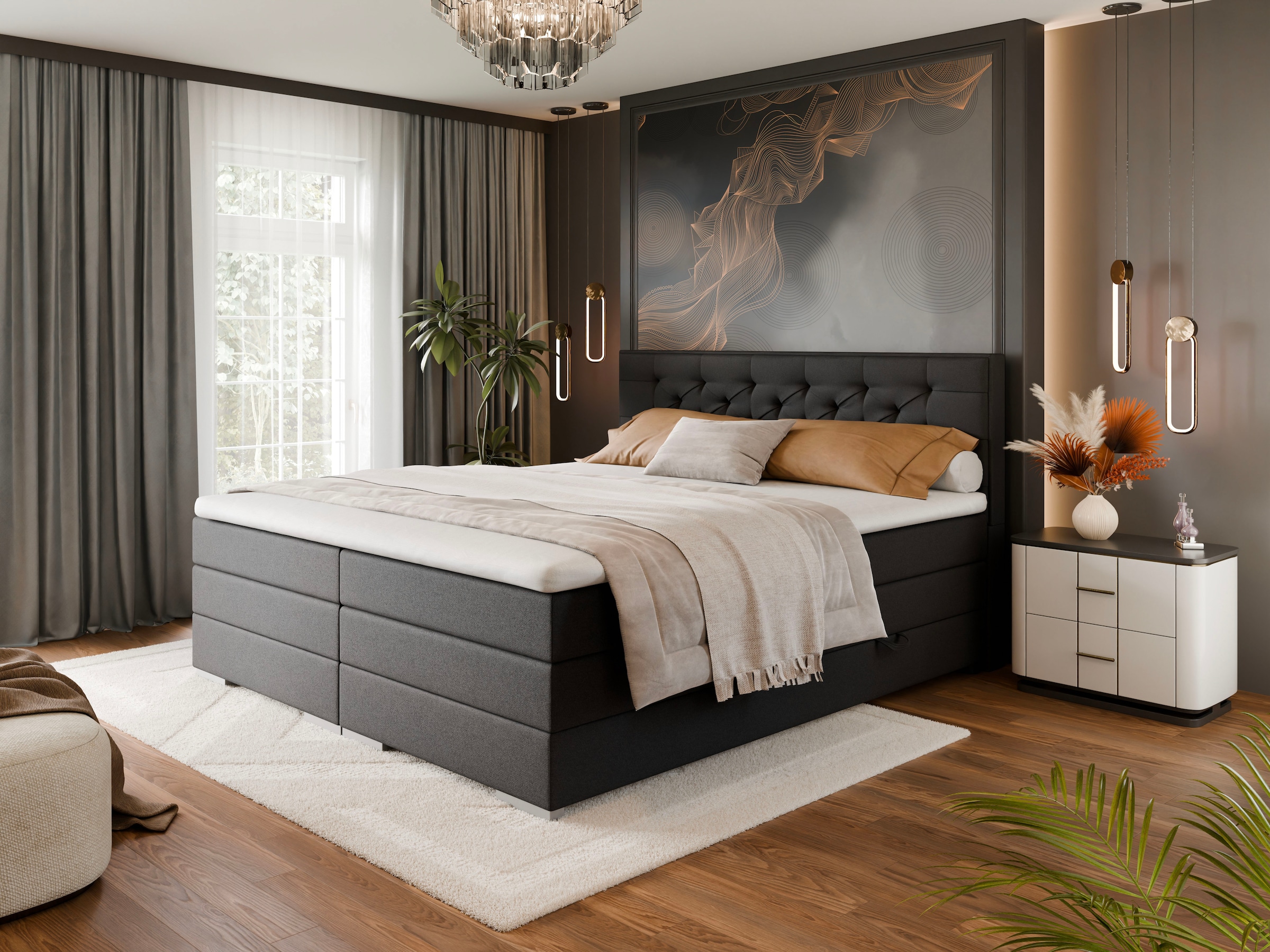 FORTE Boxspringbett "Lanciano" 7-Zonen-Taschenfederkernmatratze mit zwei Härtegraden (H2/H3), erhältlich in den Breiten 140cm, 160cm & 180cm