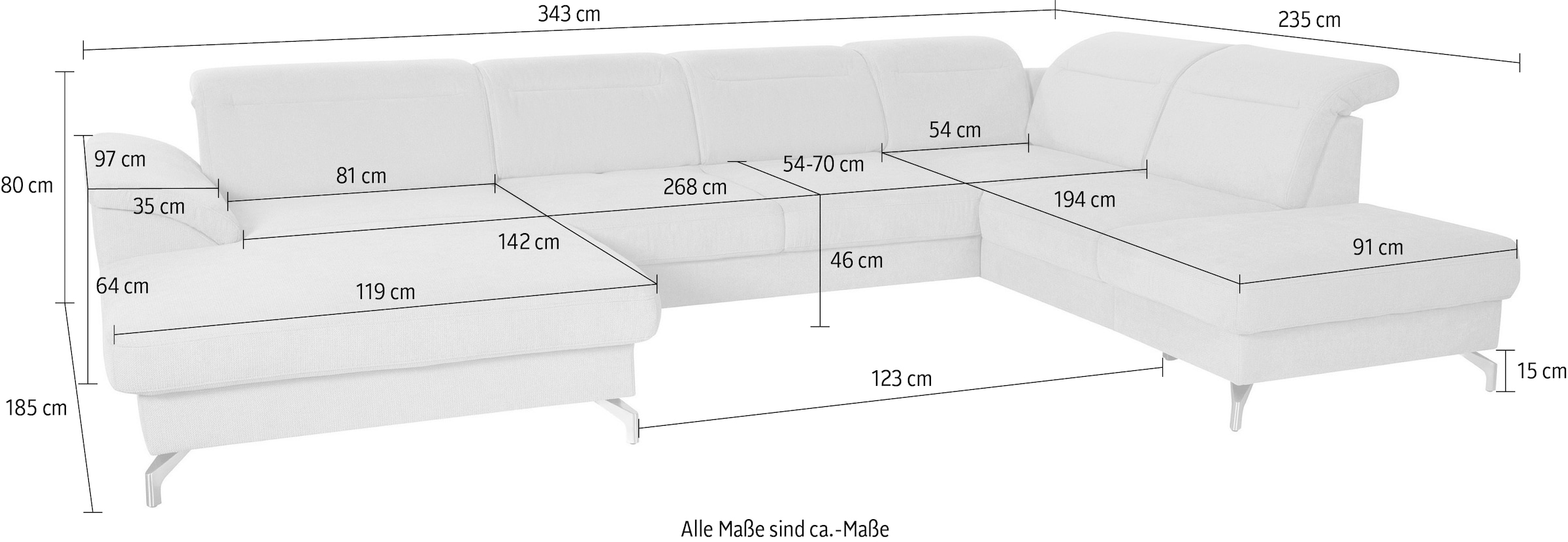 sit&more Wohnlandschaft »Percy U-Form«, 15 cm Fußhöhe, Sitztiefenverstellung, wahlweise in 2 Fußfarben