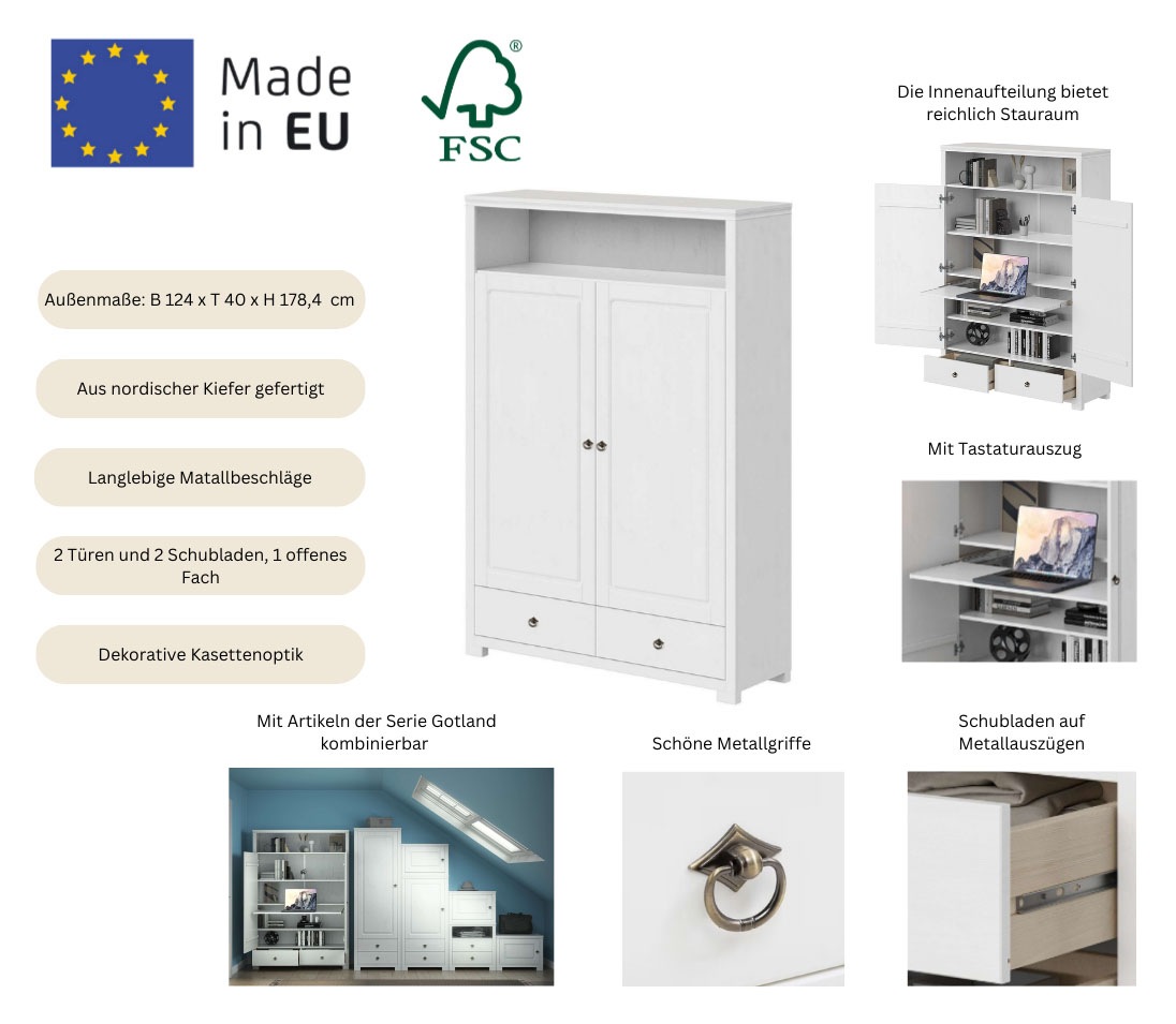 Thumbnail - OTTO home Wäscheschrank "Gotland Home Office Schrank, Mehrzweckschrank, Büroschrank" H/B/T ca. 180/125/40cm, mit Auszieh...