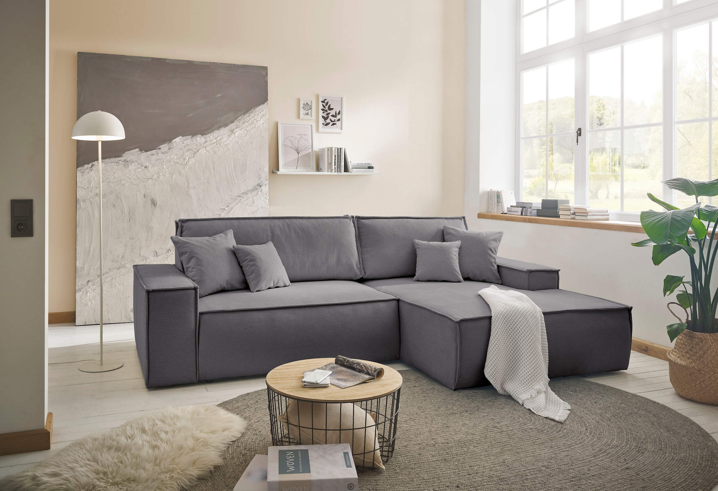 andas Ecksofa »Finnley Schlafsofa 267 cm in Bouclé, Struktur fein u. Cord, L-Form,«, Schlaffunktion m. Bettkasten (136/210 cm), Bouclé, Struktur und Cord